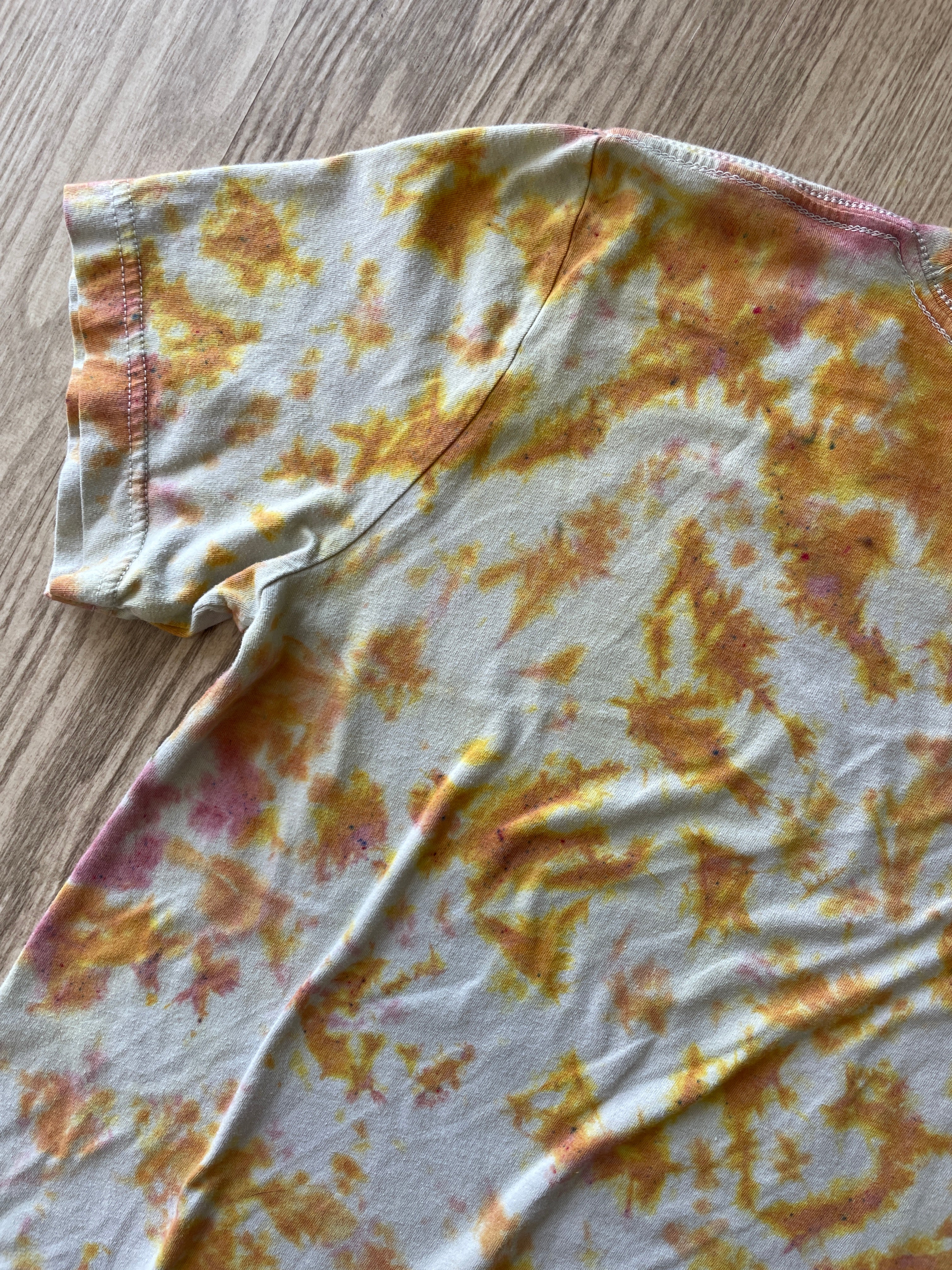 SMALL Men’s Groovy Skeleton Handmade Tie Dye T-Shirt | One-Of-a-Kind Pastel Pink and Orange Short Sleeve