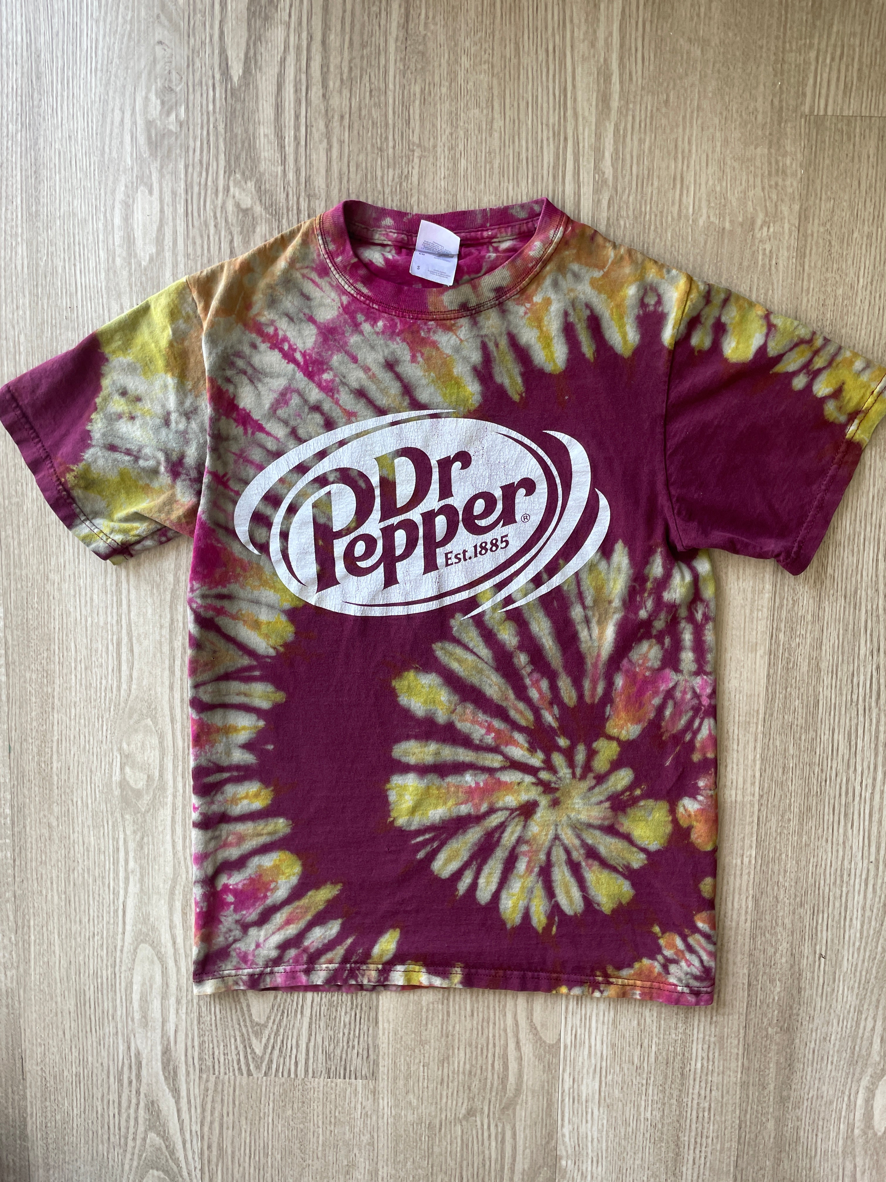 SMALL Men’s Dr. Pepper Handmade Tie Dye T-Shirt | One-Of-a-Kind Maroon, Yellow, and Pink Short Sleeve