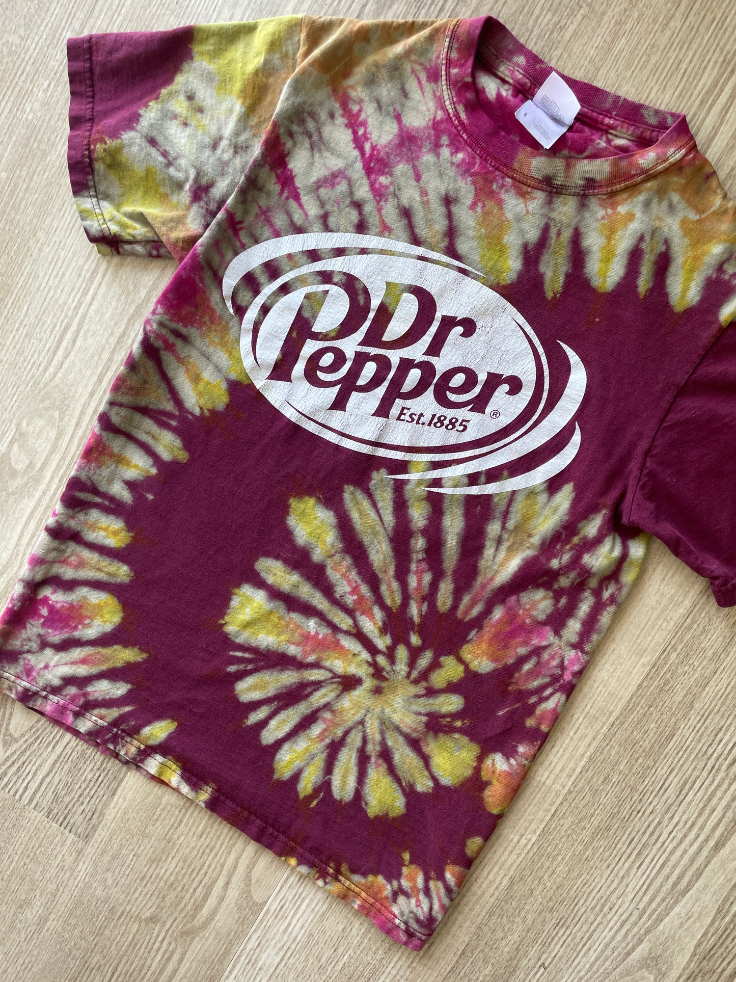 SMALL Men’s Dr. Pepper Handmade Tie Dye T-Shirt | One-Of-a-Kind Maroon, Yellow, and Pink Short Sleeve