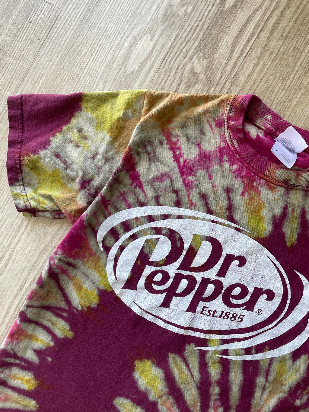 SMALL Men’s Dr. Pepper Handmade Tie Dye T-Shirt | One-Of-a-Kind Maroon, Yellow, and Pink Short Sleeve