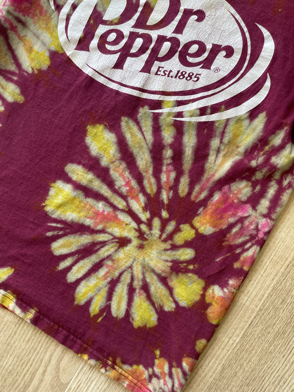 SMALL Men’s Dr. Pepper Handmade Tie Dye T-Shirt | One-Of-a-Kind Maroon, Yellow, and Pink Short Sleeve