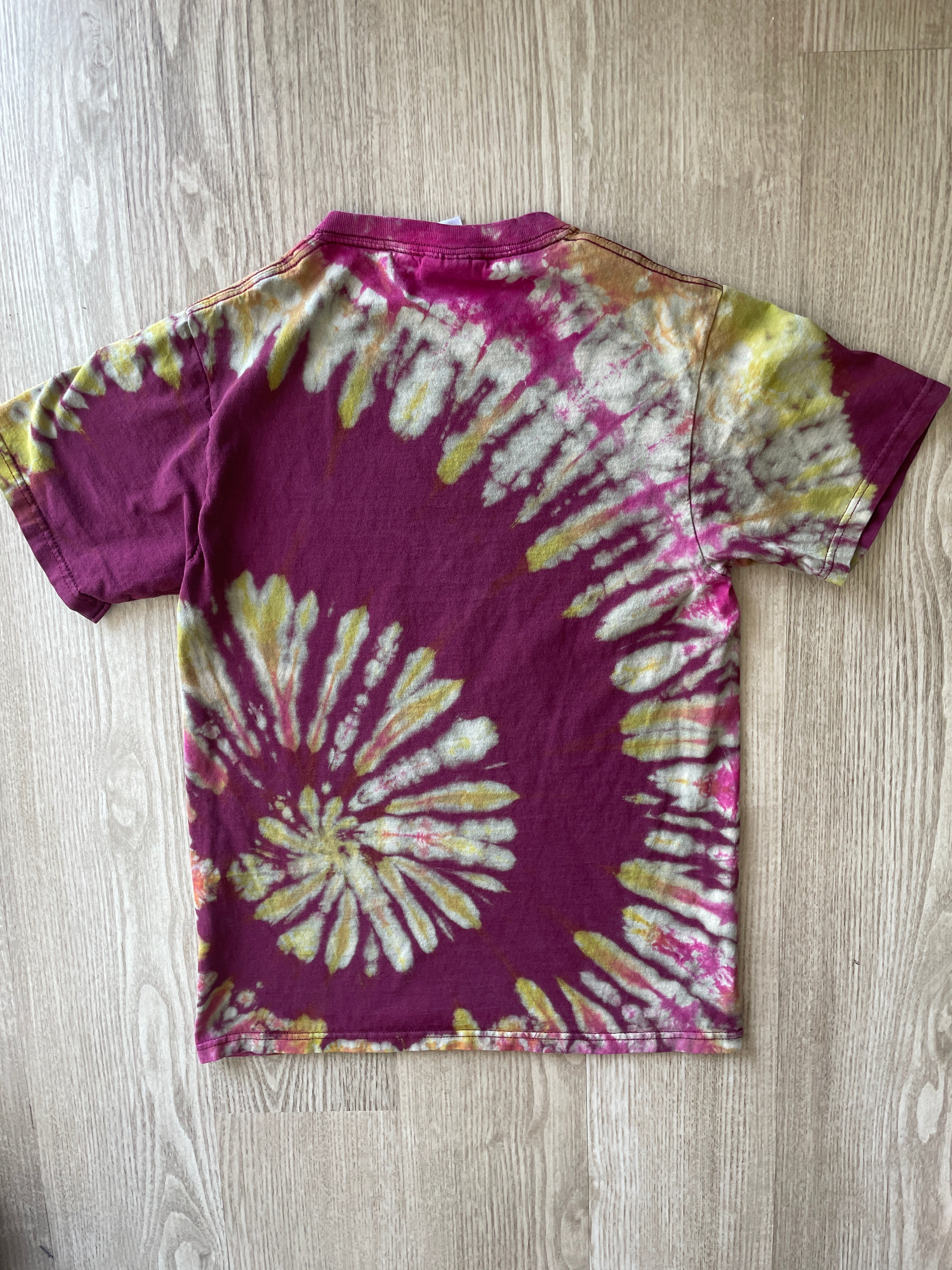 SMALL Men’s Dr. Pepper Handmade Tie Dye T-Shirt | One-Of-a-Kind Maroon, Yellow, and Pink Short Sleeve