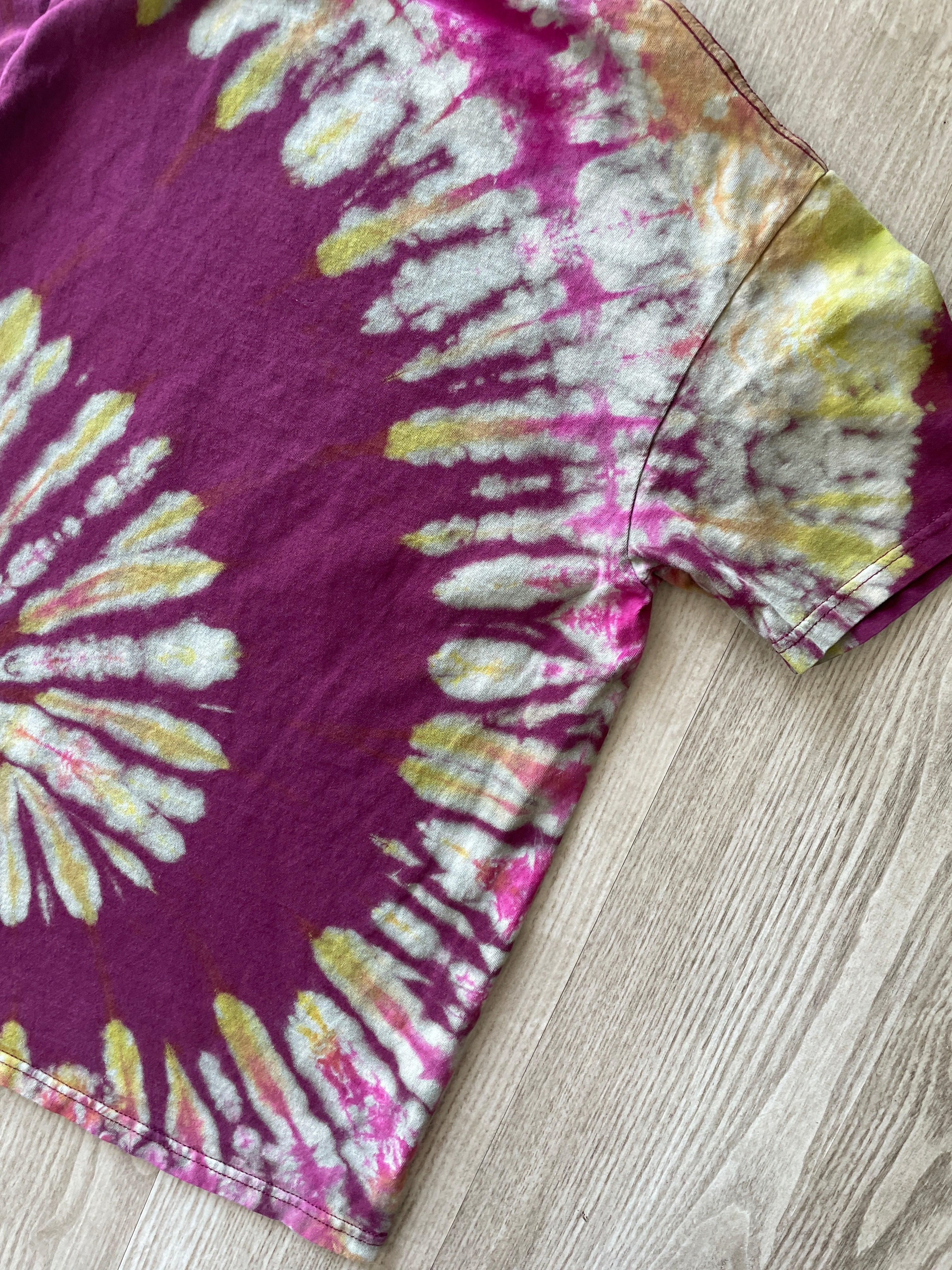 SMALL Men’s Dr. Pepper Handmade Tie Dye T-Shirt | One-Of-a-Kind Maroon, Yellow, and Pink Short Sleeve