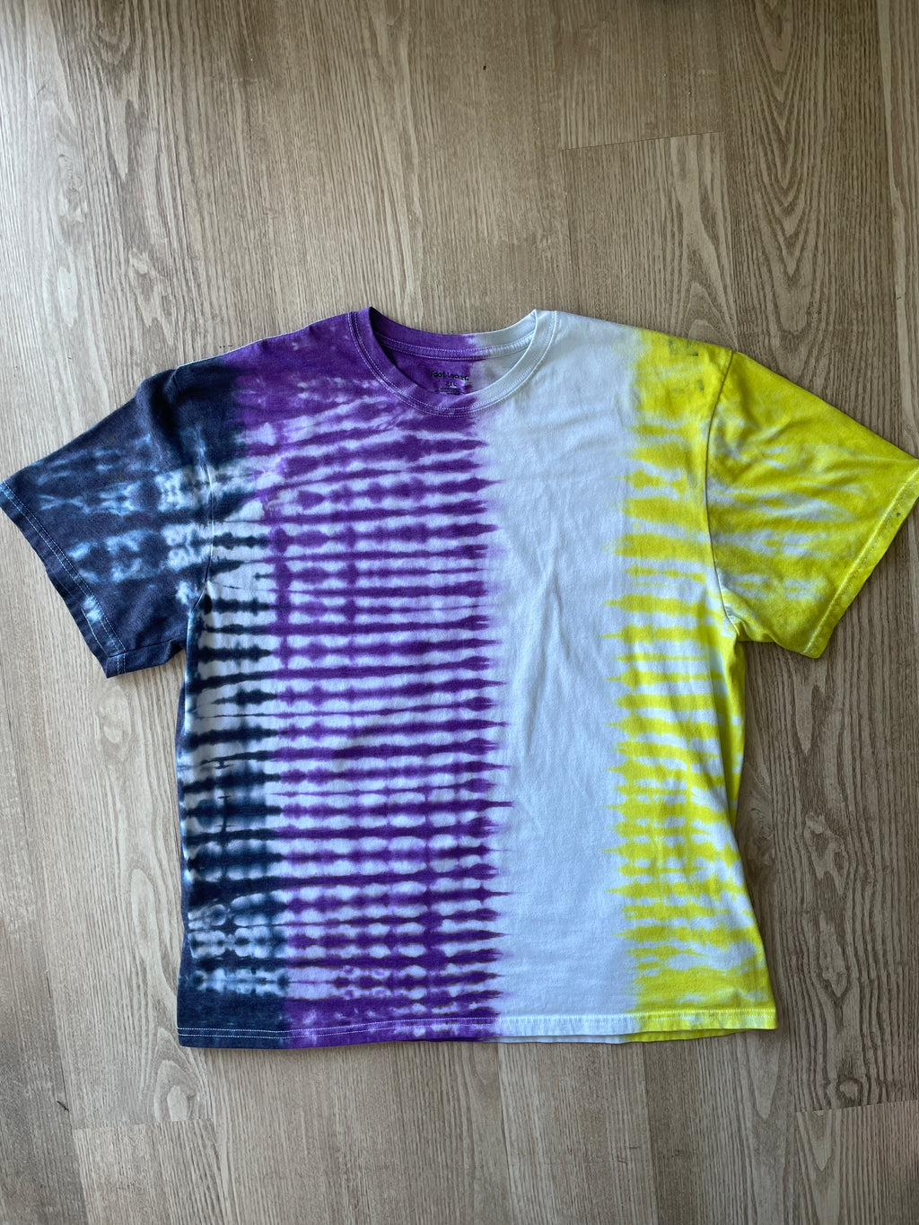 2XL Men’s Non-Binary Pride Flag-Inspired Handmade Tie Dye T-Shirt | One-Of-a-Kind White, Yellow, Purple, and Black Short Sleeve