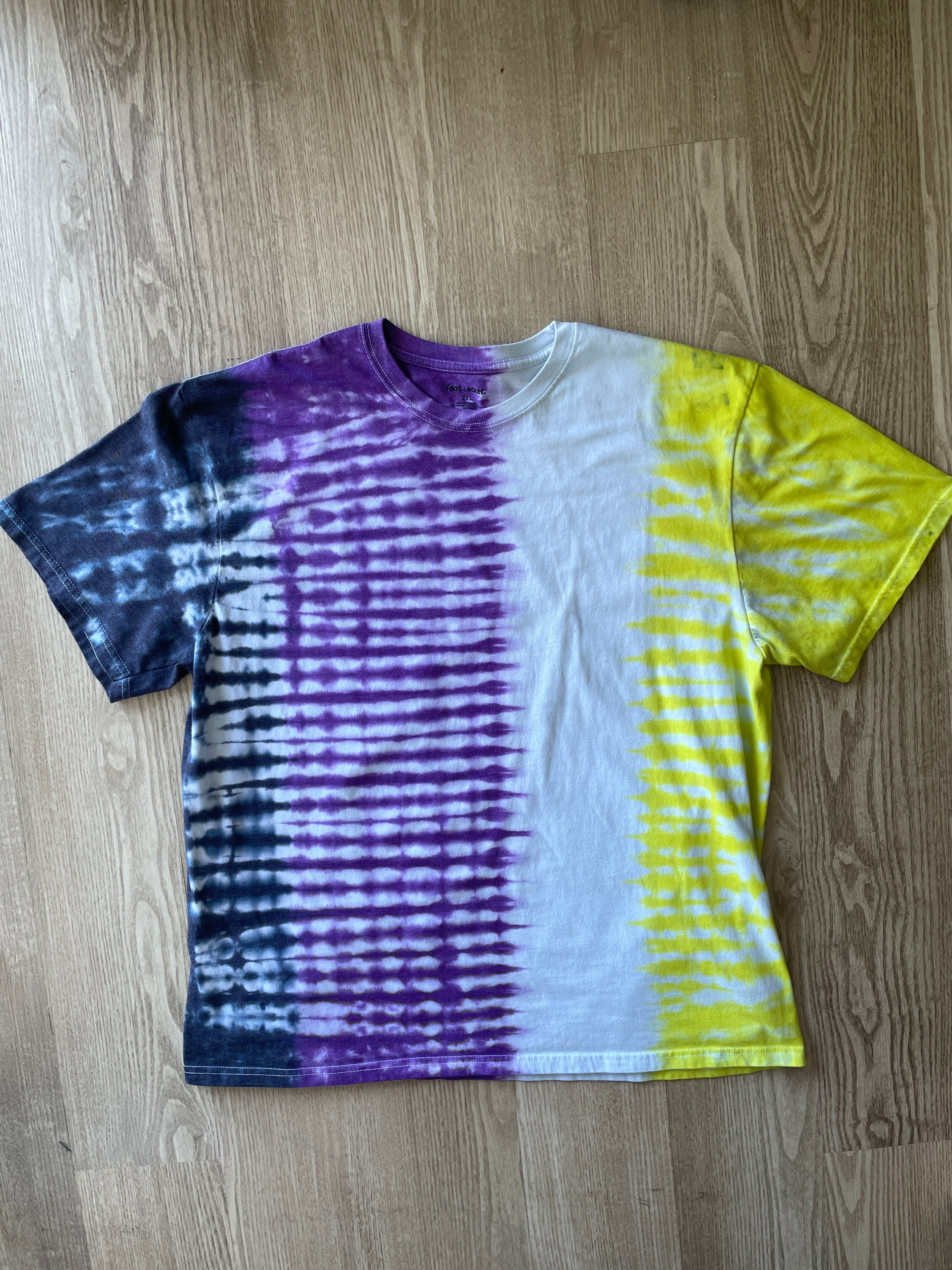 2XL Men’s Non-Binary Pride Flag-Inspired Handmade Tie Dye T-Shirt | One-Of-a-Kind White, Yellow, Purple, and Black Short Sleeve