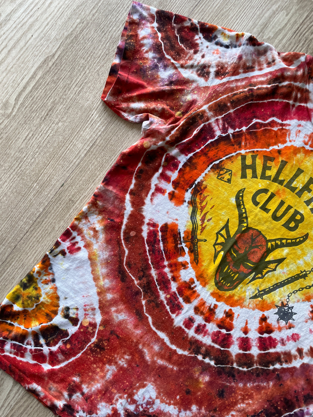 MEDIUM Men’s Hellfire Club Handmade Tie Dye Geode Short Sleeve T-Shirt | One-Of-a-Kind Upcycled Local Boogeyman Red, Black, and White Handmade Reverse Tie Dye Top