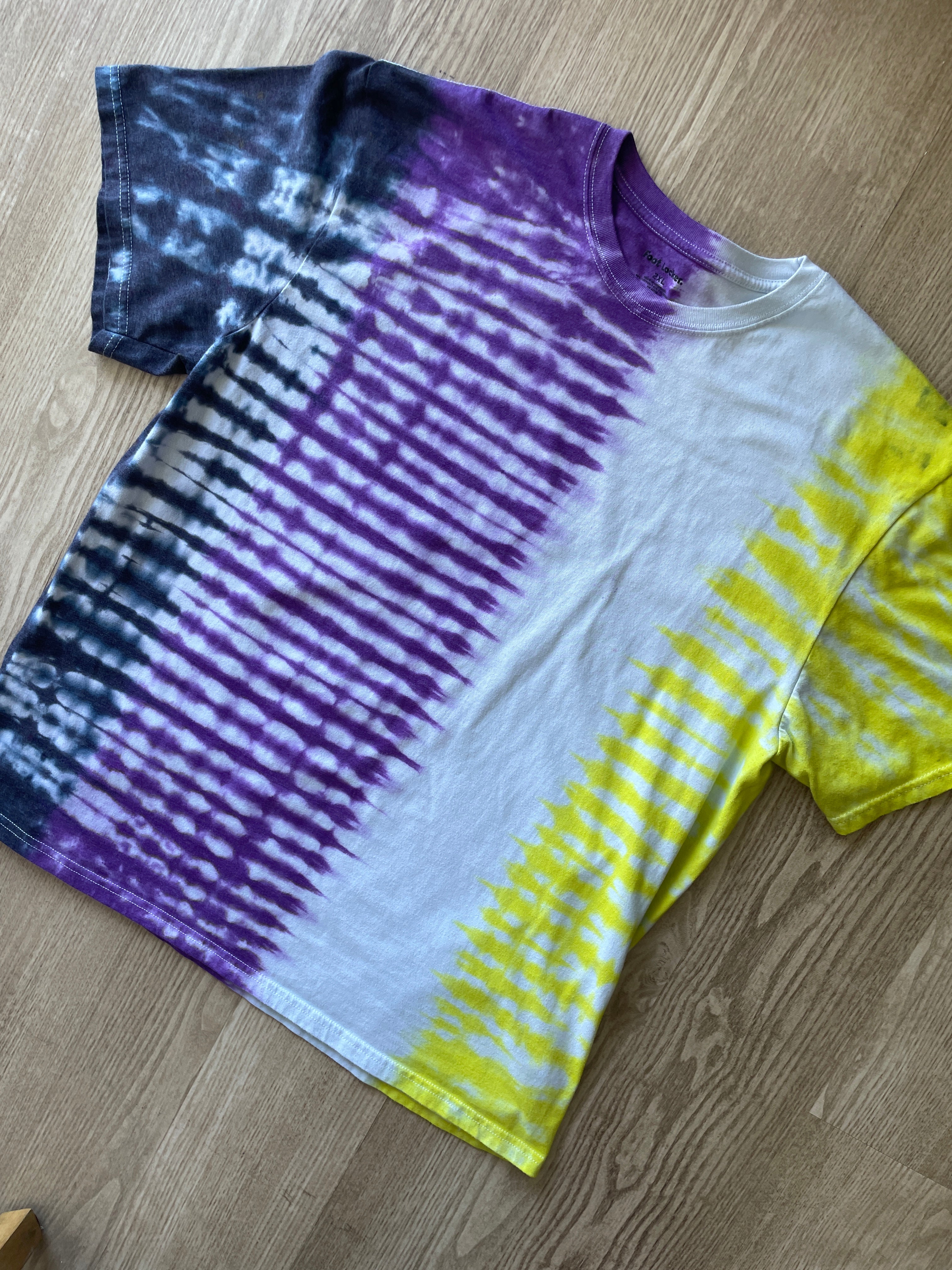 2XL Men’s Non-Binary Pride Flag-Inspired Handmade Tie Dye T-Shirt | One-Of-a-Kind White, Yellow, Purple, and Black Short Sleeve