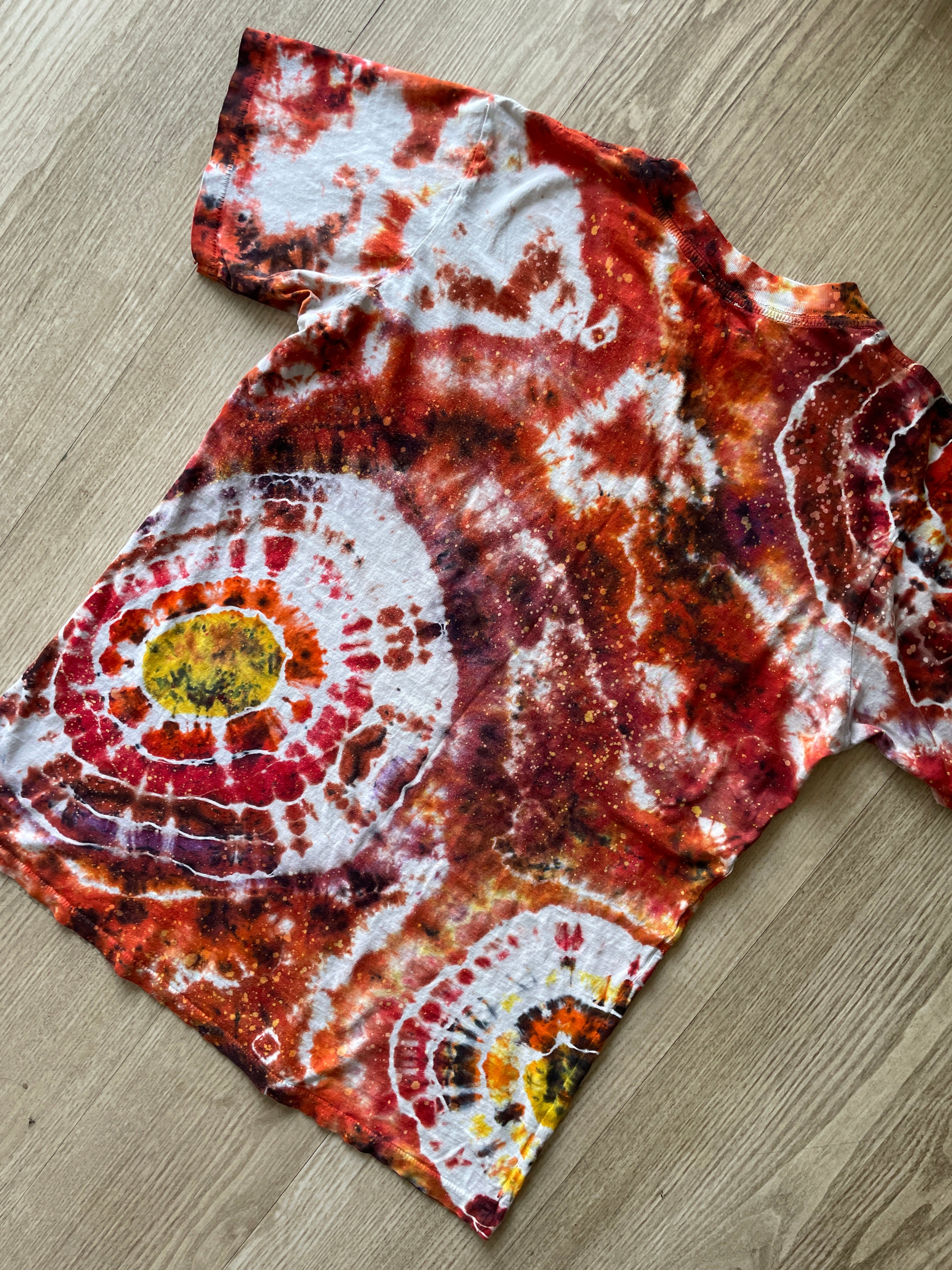 MEDIUM Men’s Hellfire Club Handmade Tie Dye Geode Short Sleeve T-Shirt | One-Of-a-Kind Upcycled Local Boogeyman Red, Black, and White Handmade Reverse Tie Dye Top