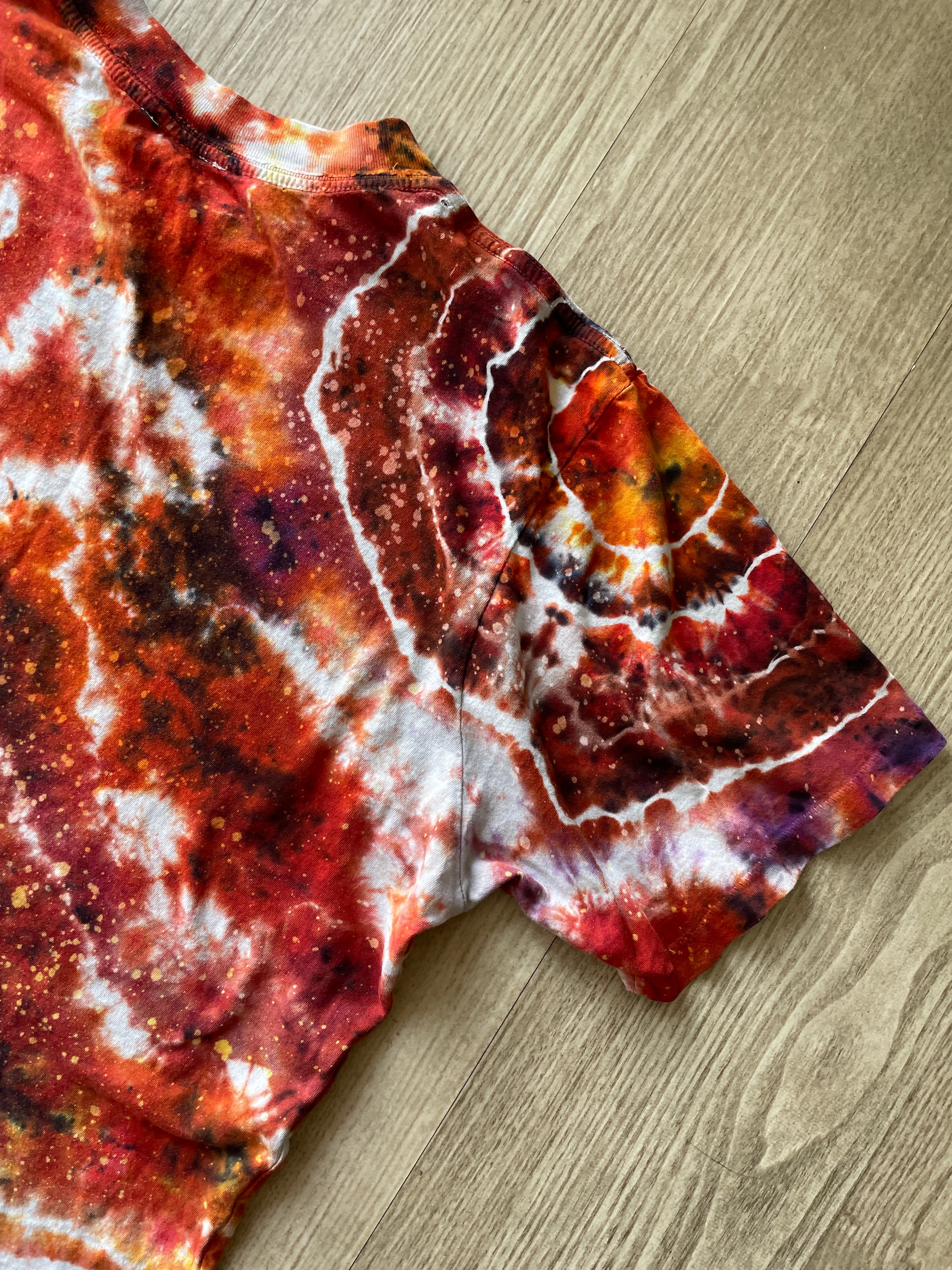 MEDIUM Men’s Hellfire Club Handmade Tie Dye Geode Short Sleeve T-Shirt | One-Of-a-Kind Upcycled Local Boogeyman Red, Black, and White Handmade Reverse Tie Dye Top