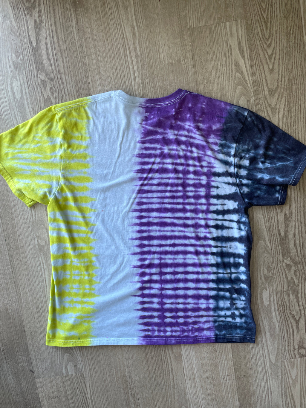 2XL Men’s Non-Binary Pride Flag-Inspired Handmade Tie Dye T-Shirt | One-Of-a-Kind White, Yellow, Purple, and Black Short Sleeve