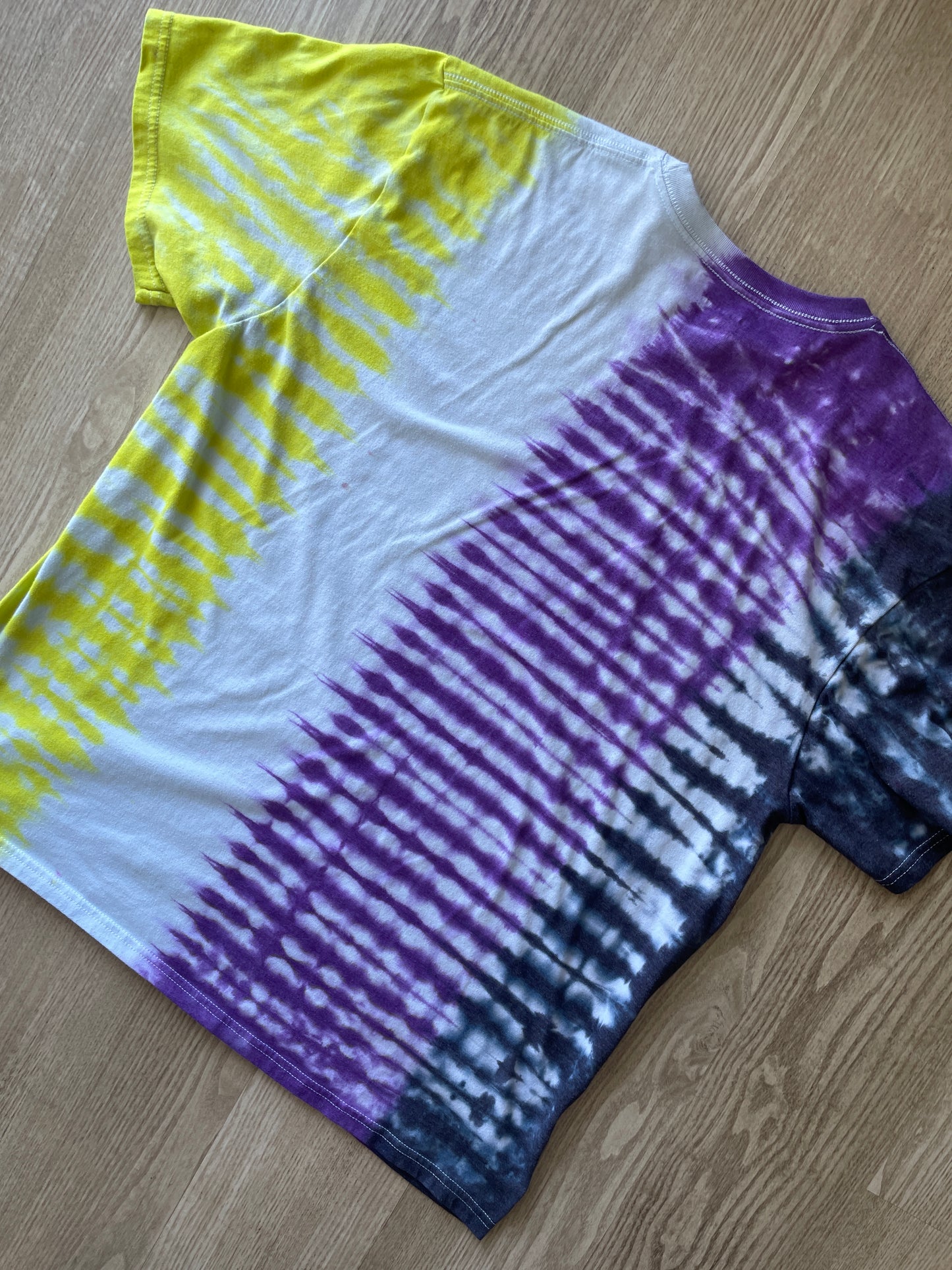 2XL Men’s Non-Binary Pride Flag-Inspired Handmade Tie Dye T-Shirt | One-Of-a-Kind White, Yellow, Purple, and Black Short Sleeve