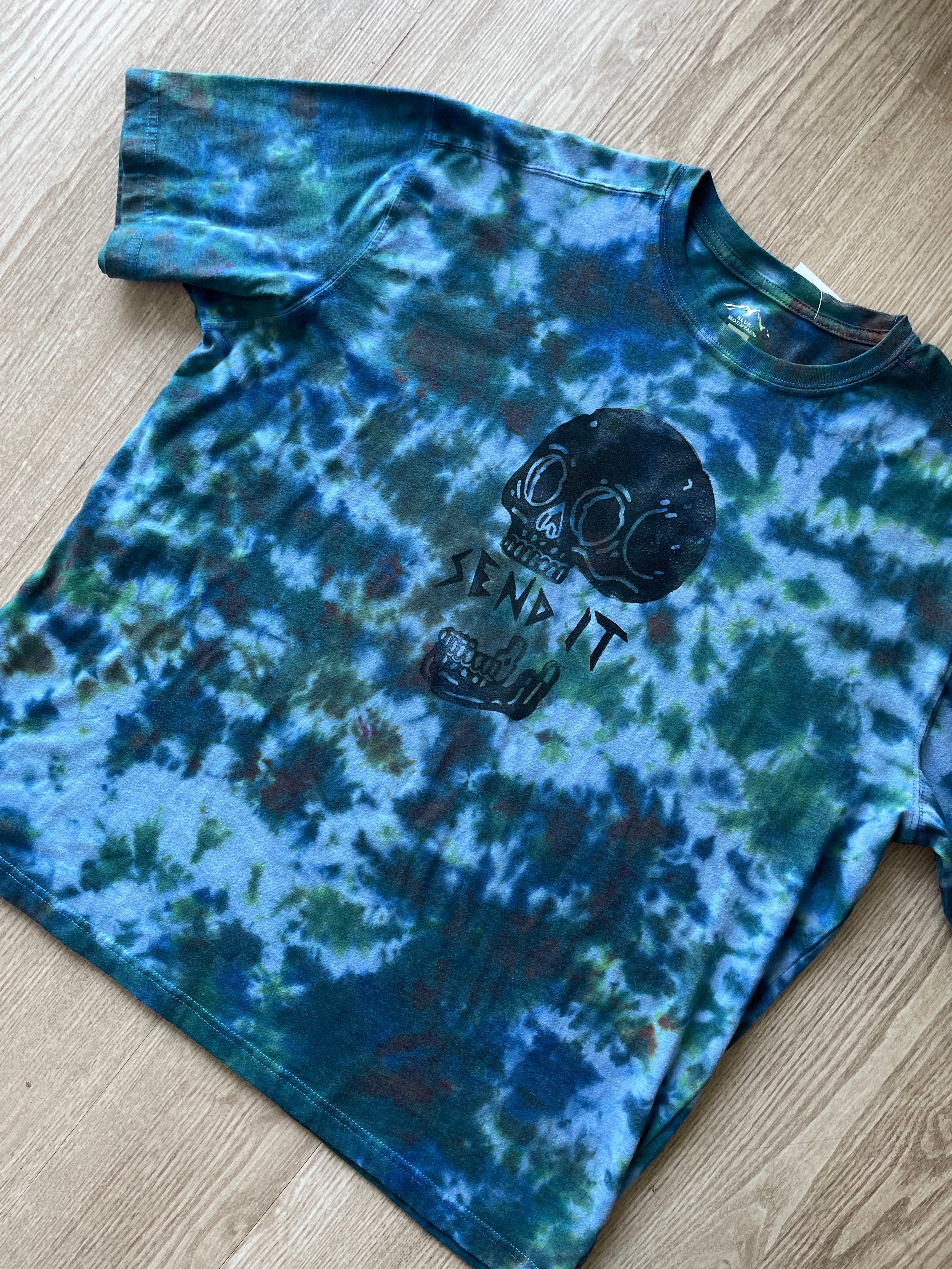 XL Men's Send It Skull Handmade Reverse Tie Dye Short Sleeve T-Shirt | One-Of-a-Kind Upcycled Blue, Green, and Brown Crumpled Top
