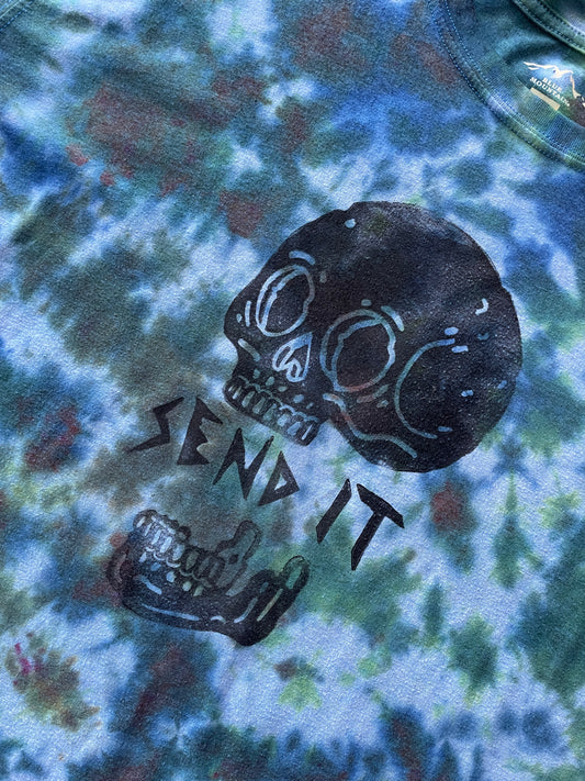 XL Men's Send It Skull Handmade Reverse Tie Dye Short Sleeve T-Shirt | One-Of-a-Kind Upcycled Blue, Green, and Brown Crumpled Top