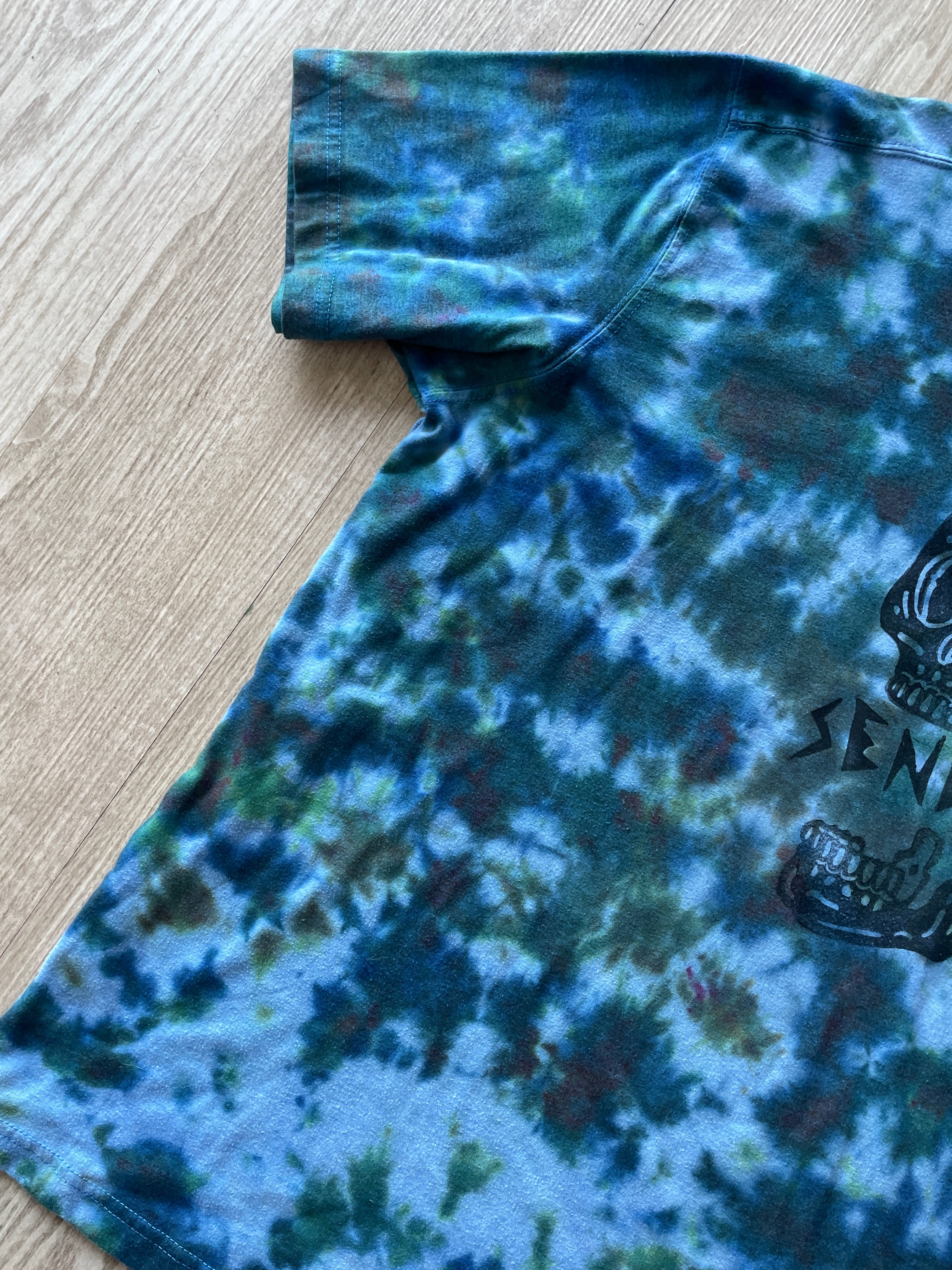 XL Men's Send It Skull Handmade Reverse Tie Dye Short Sleeve T-Shirt | One-Of-a-Kind Upcycled Blue, Green, and Brown Crumpled Top