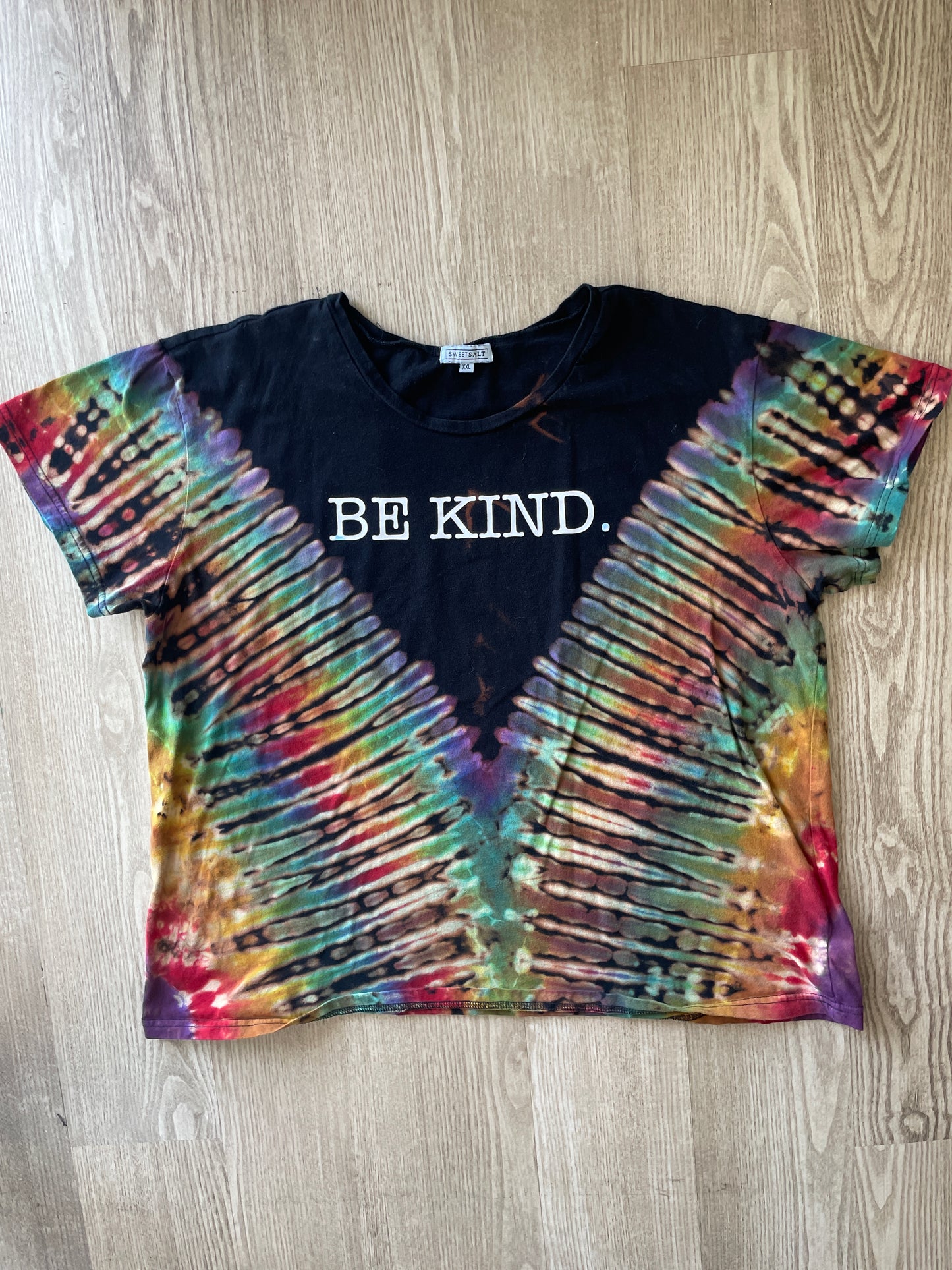 2XL Women’s Be Kind Handmade Tie Dye Reverse T-Shirt | One-Of-a-Kind Black and Rainbow Short Sleeve