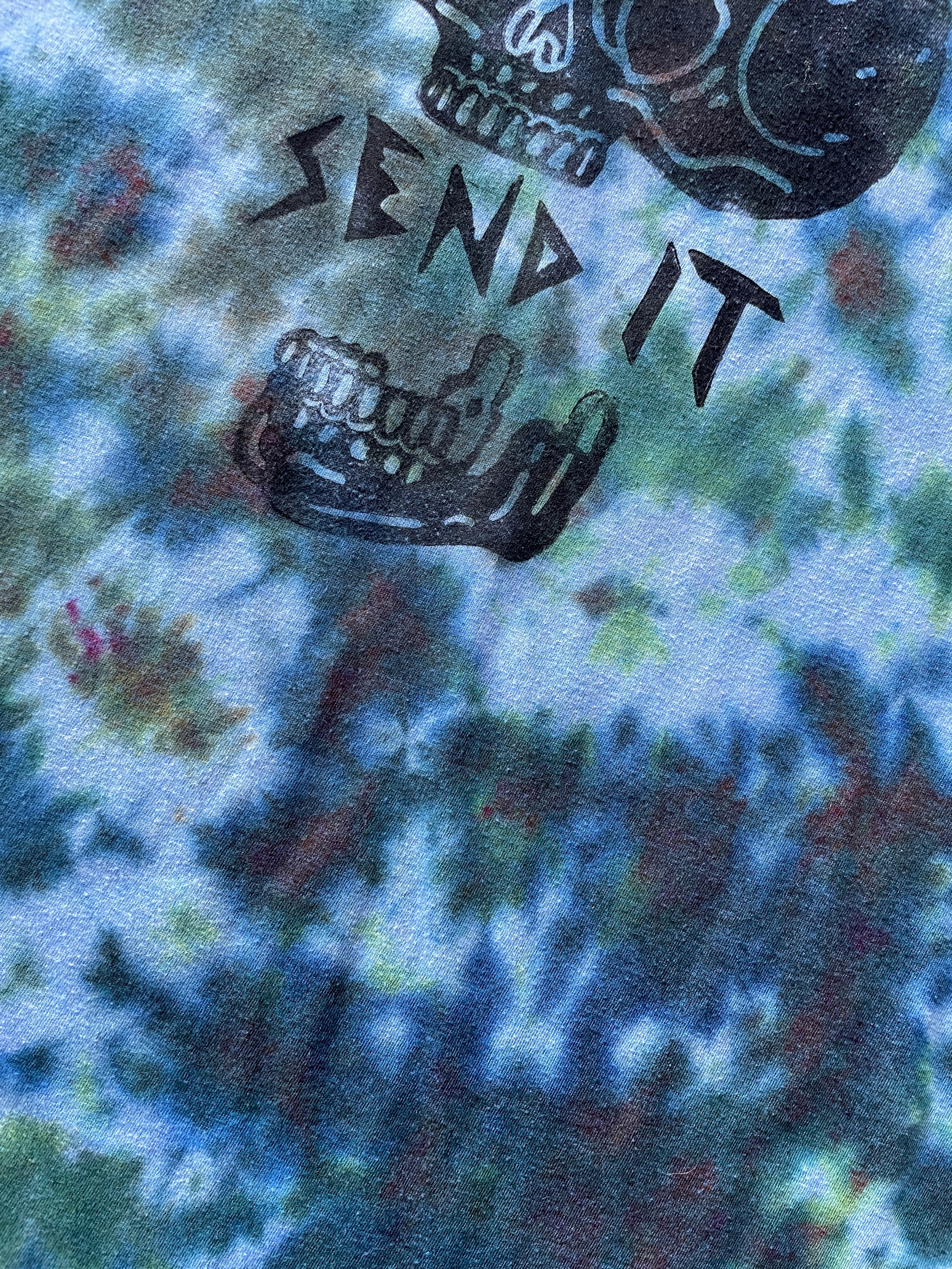 XL Men's Send It Skull Handmade Reverse Tie Dye Short Sleeve T-Shirt | One-Of-a-Kind Upcycled Blue, Green, and Brown Crumpled Top