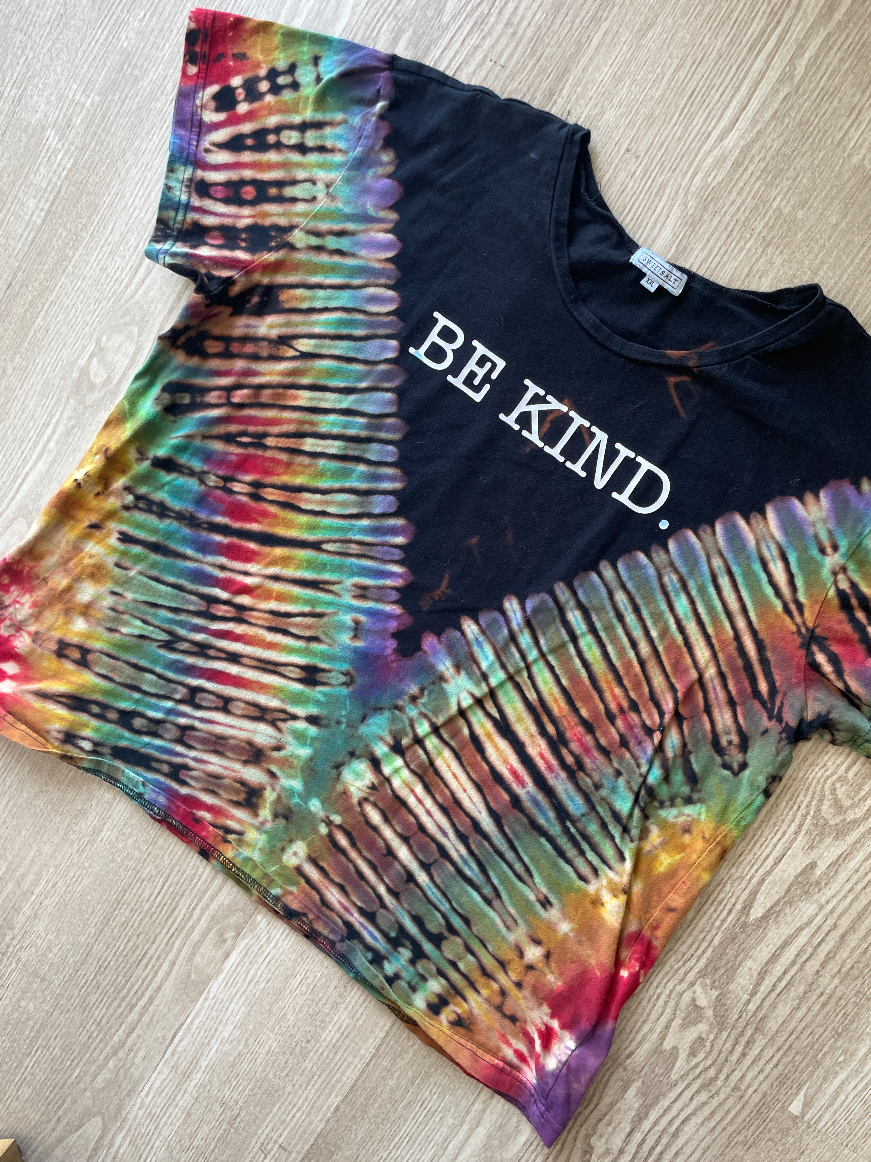 2XL Women’s Be Kind Handmade Tie Dye Reverse T-Shirt | One-Of-a-Kind Black and Rainbow Short Sleeve