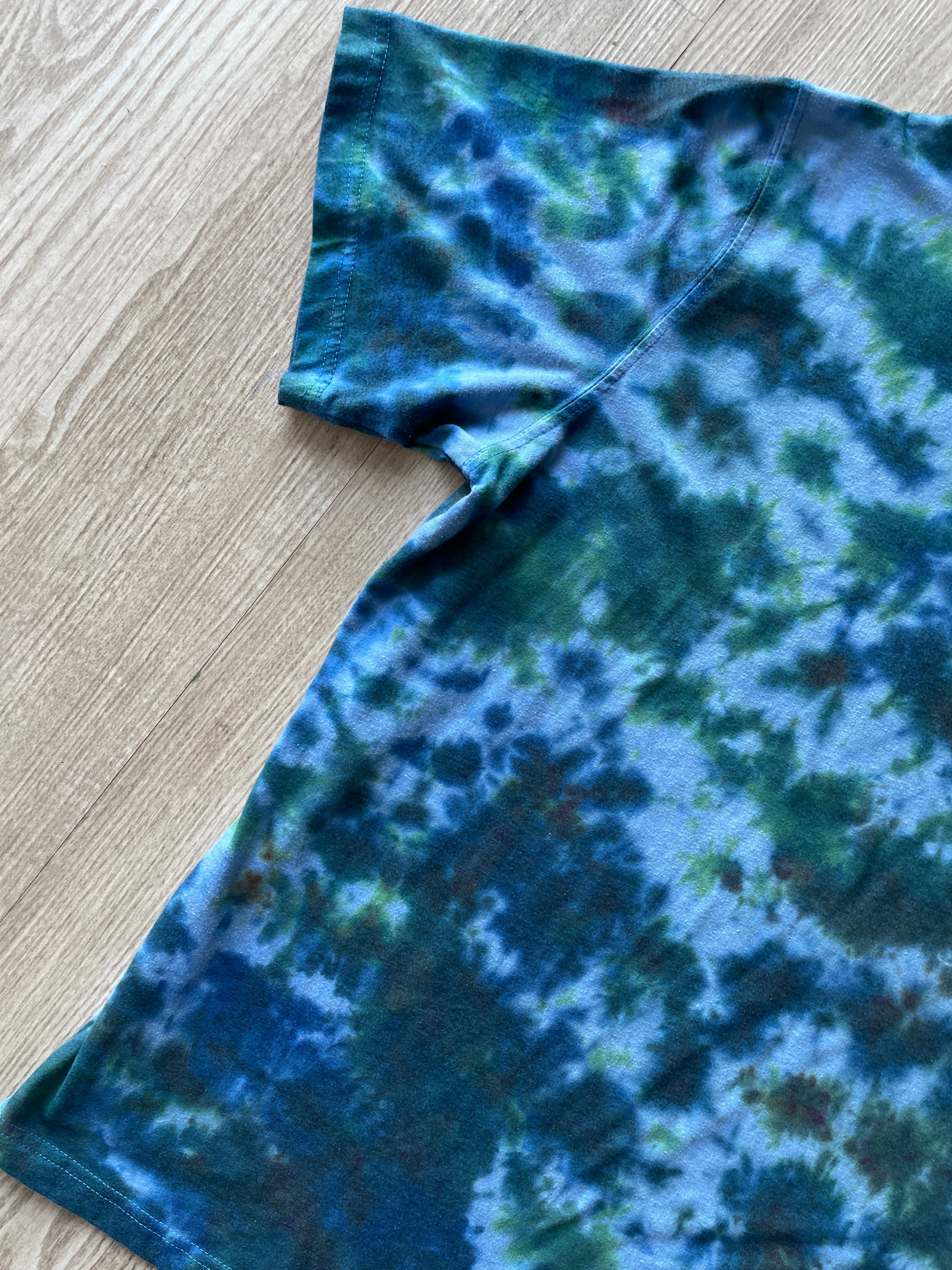 XL Men's Send It Skull Handmade Reverse Tie Dye Short Sleeve T-Shirt | One-Of-a-Kind Upcycled Blue, Green, and Brown Crumpled Top