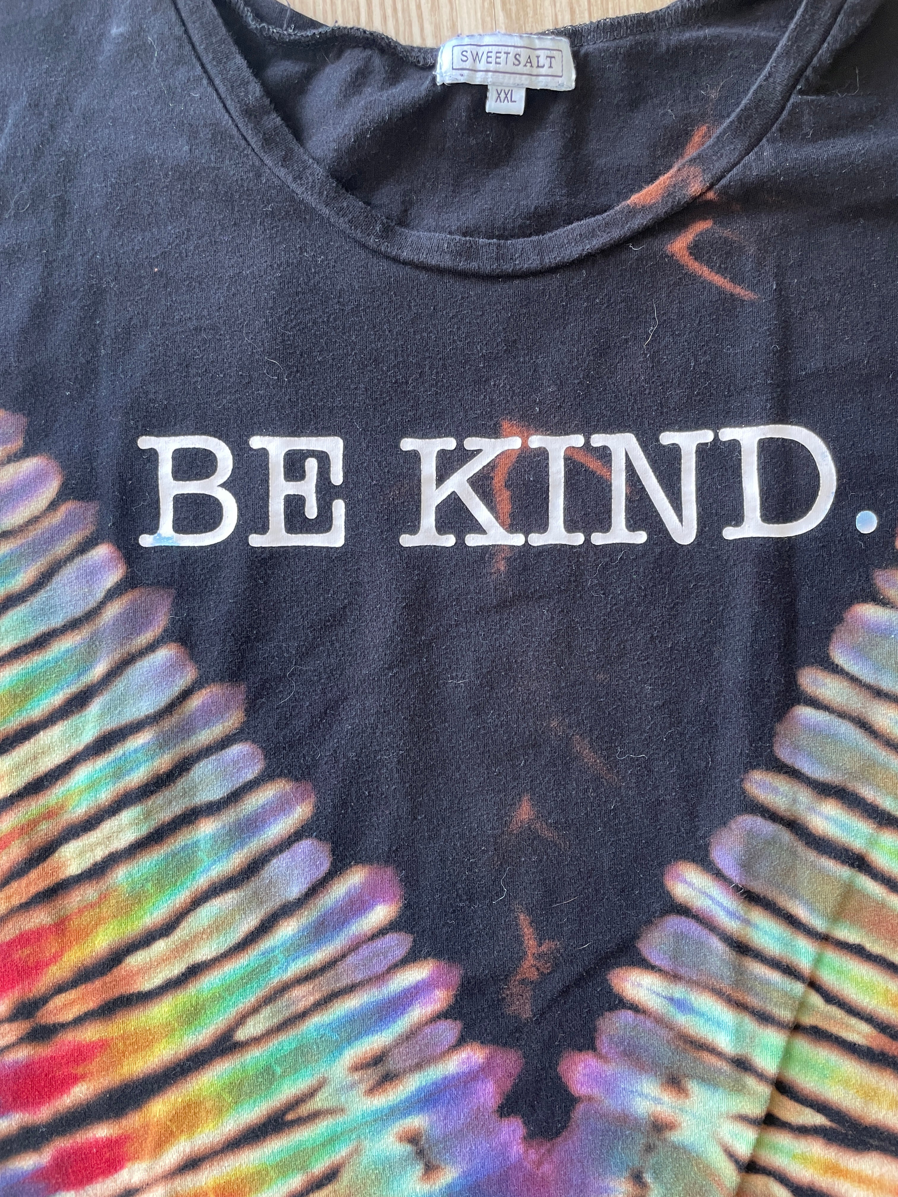 2XL Women’s Be Kind Handmade Tie Dye Reverse T-Shirt | One-Of-a-Kind Black and Rainbow Short Sleeve