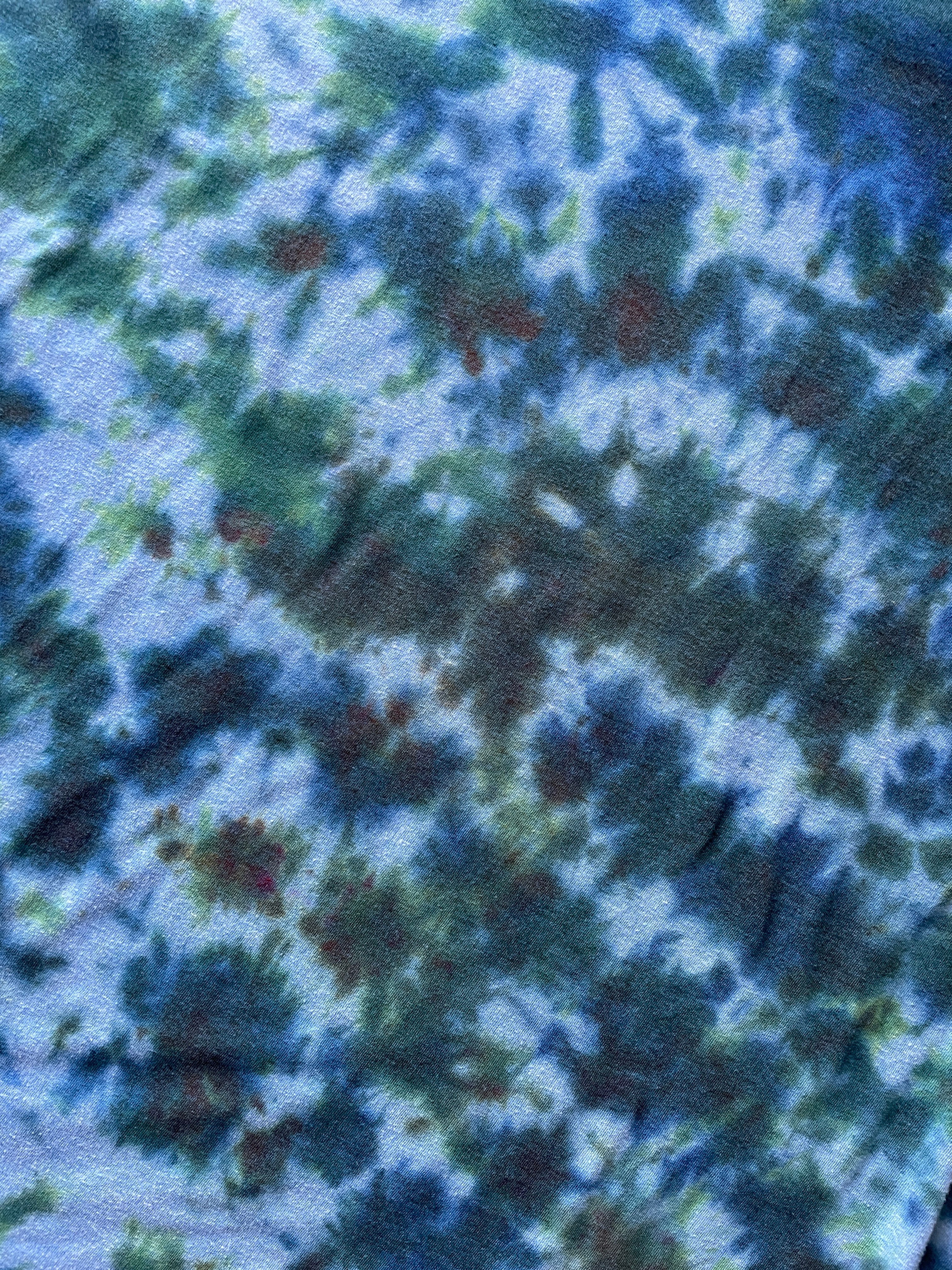 XL Men's Send It Skull Handmade Reverse Tie Dye Short Sleeve T-Shirt | One-Of-a-Kind Upcycled Blue, Green, and Brown Crumpled Top