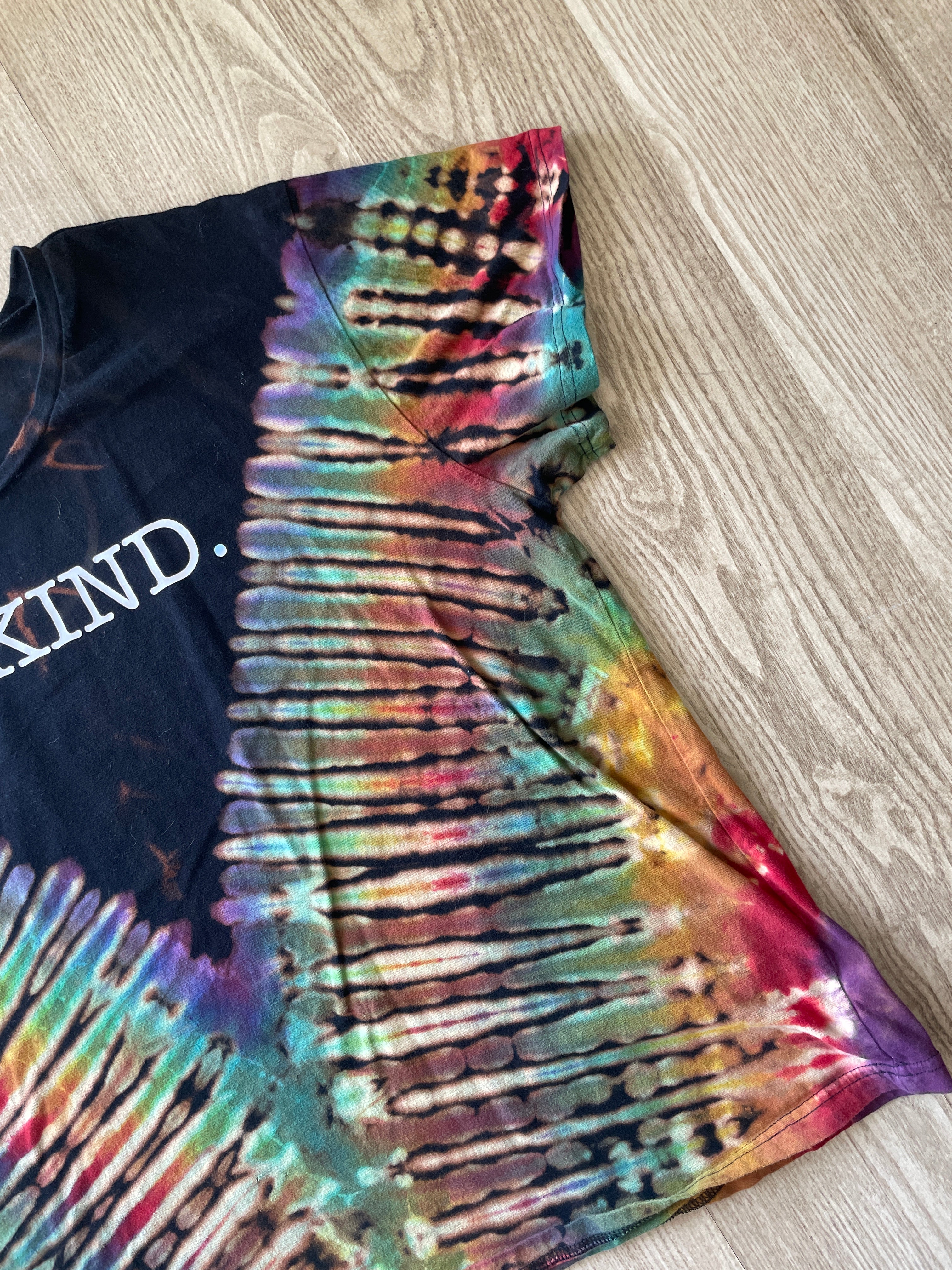 2XL Women’s Be Kind Handmade Tie Dye Reverse T-Shirt | One-Of-a-Kind Black and Rainbow Short Sleeve