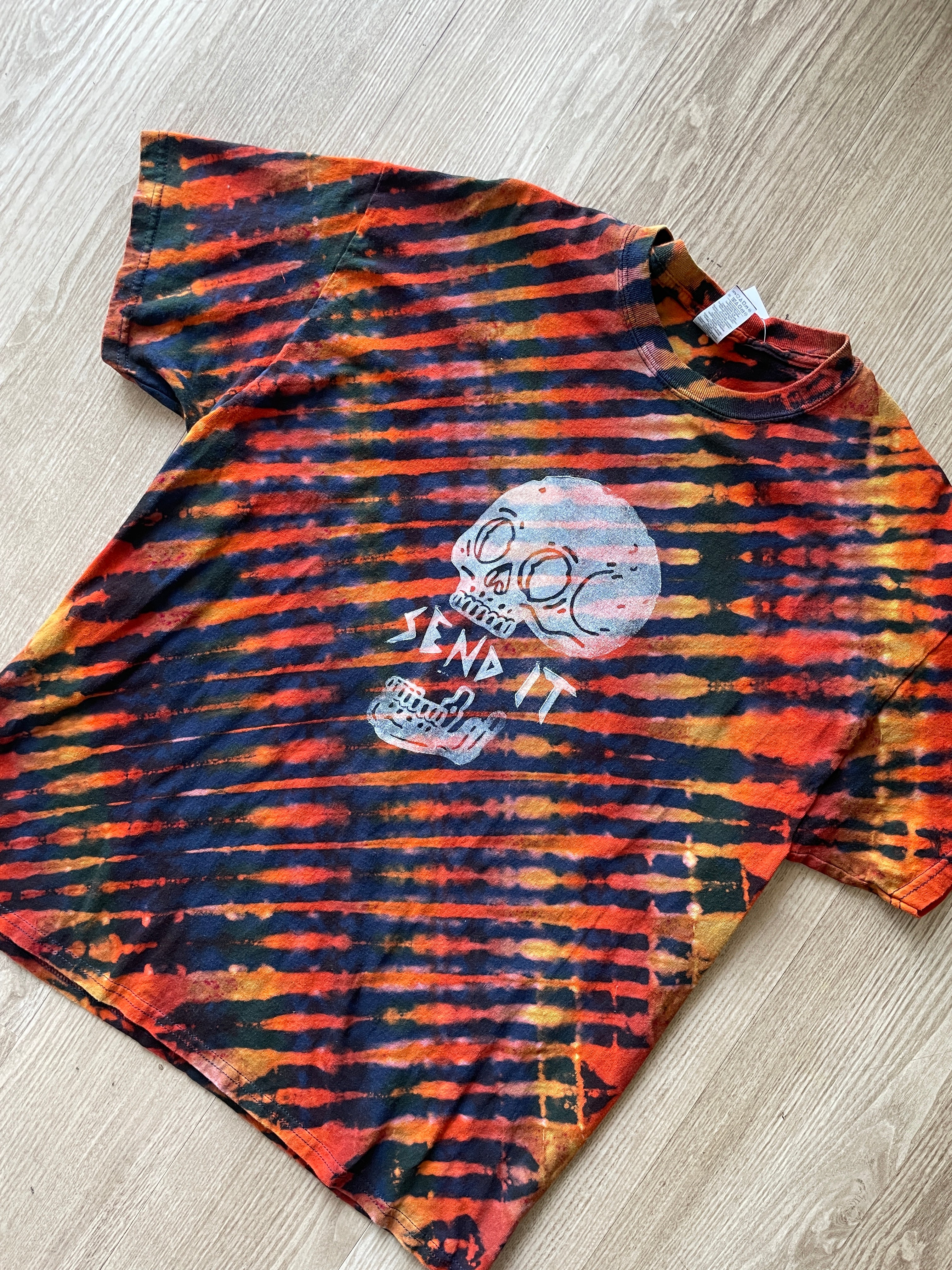 XL Men's Send It Skull Handmade Reverse Tie Dye Short Sleeve T-Shirt | One-Of-a-Kind Upcycled Navy Blue and Orange Graphic Tee