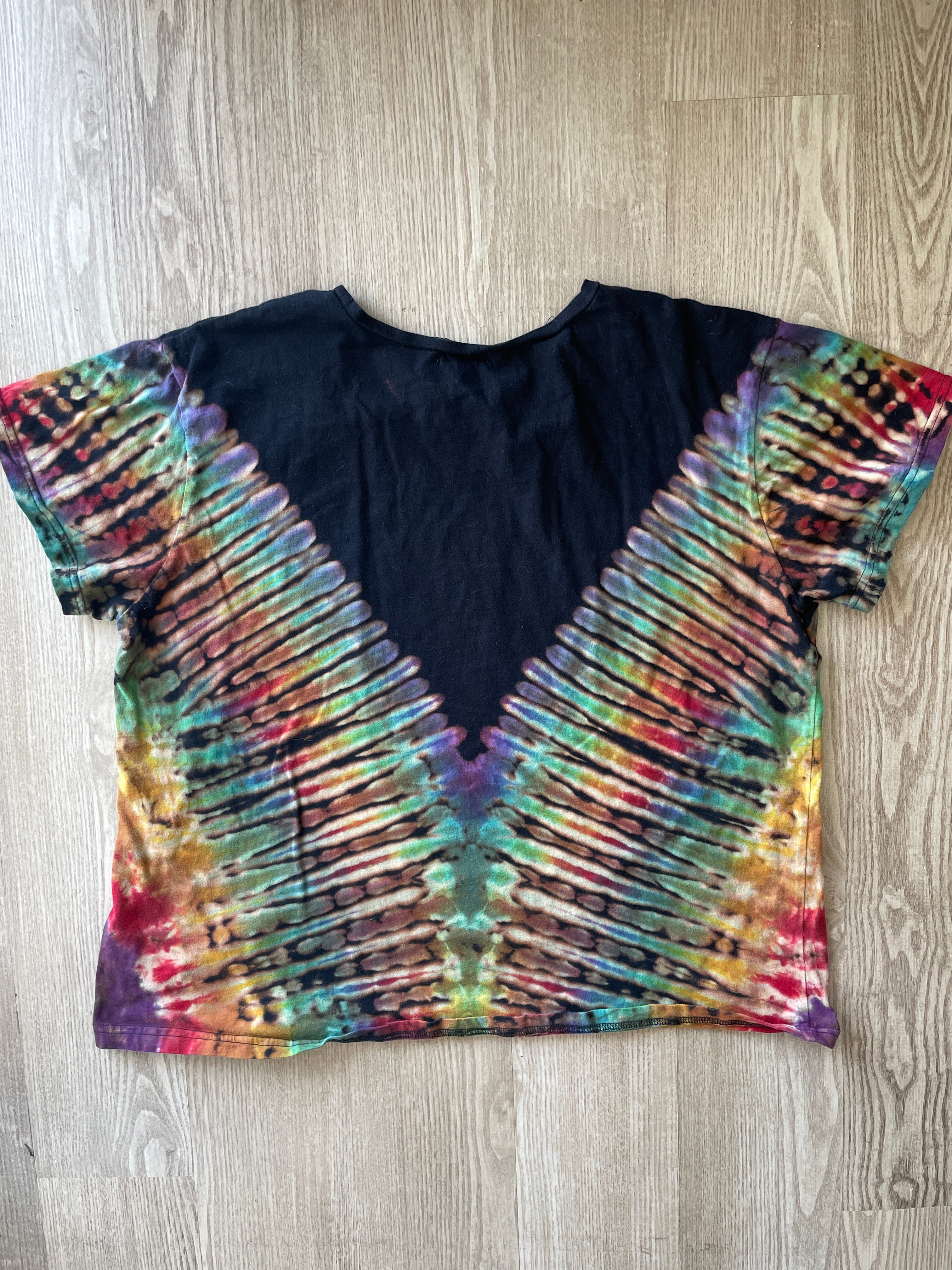 2XL Women’s Be Kind Handmade Tie Dye Reverse T-Shirt | One-Of-a-Kind Black and Rainbow Short Sleeve