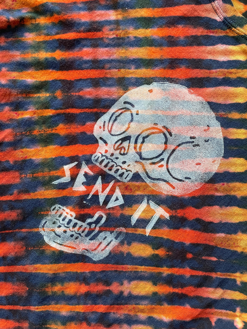 XL Men's Send It Skull Handmade Reverse Tie Dye Short Sleeve T-Shirt | One-Of-a-Kind Upcycled Navy Blue and Orange Graphic Tee