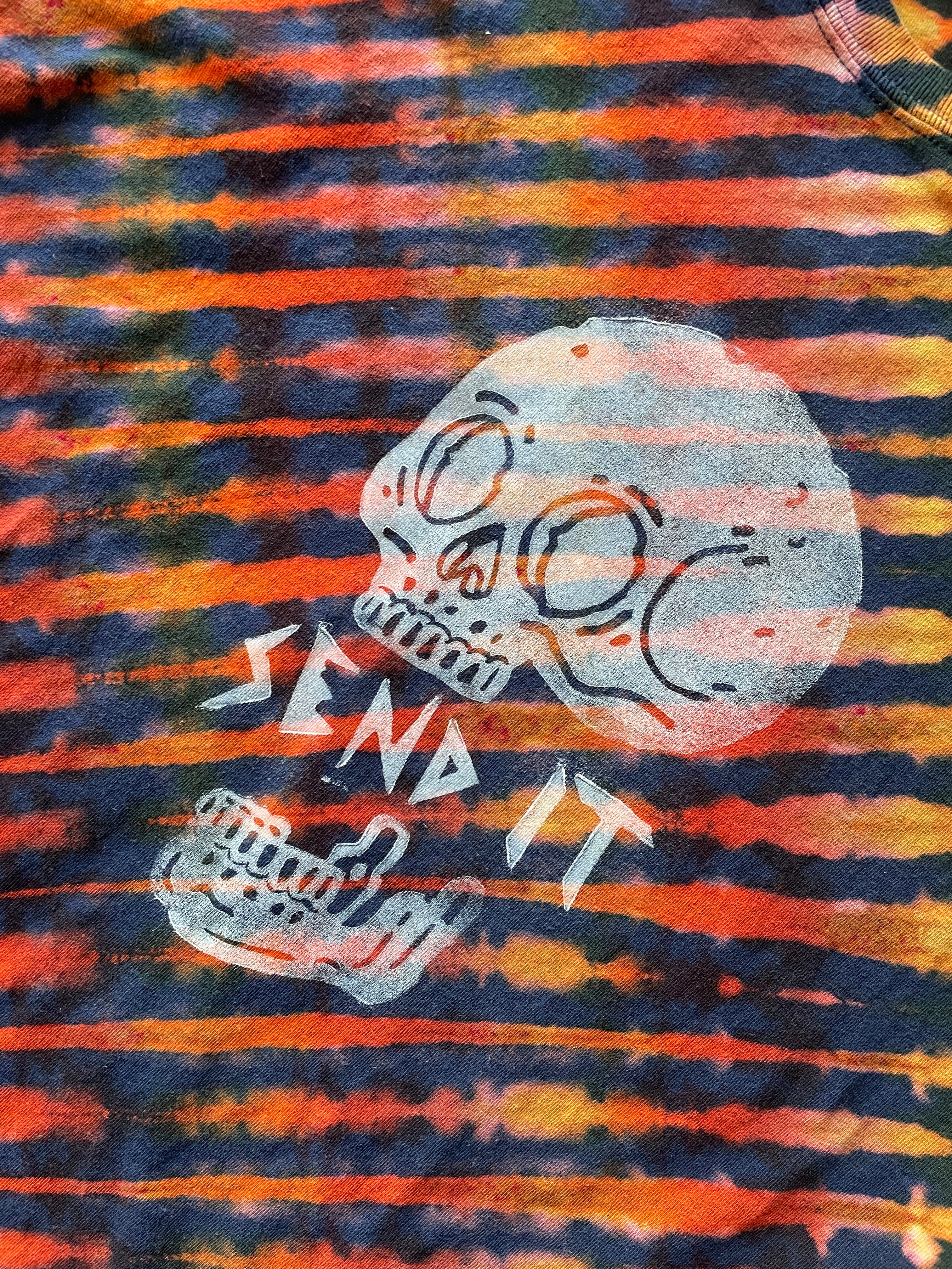XL Men's Send It Skull Handmade Reverse Tie Dye Short Sleeve T-Shirt | One-Of-a-Kind Upcycled Navy Blue and Orange Graphic Tee