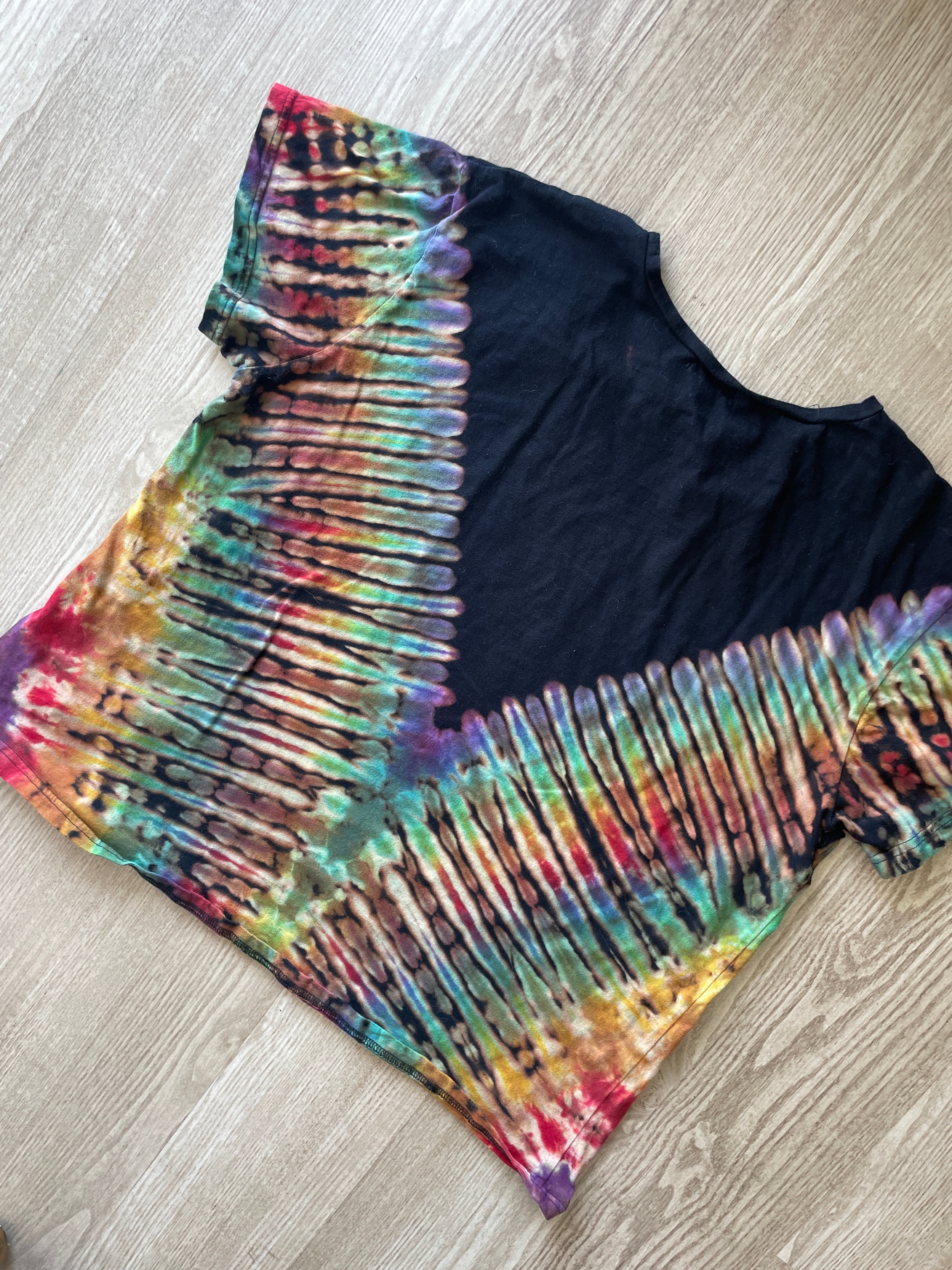 2XL Women’s Be Kind Handmade Tie Dye Reverse T-Shirt | One-Of-a-Kind Black and Rainbow Short Sleeve
