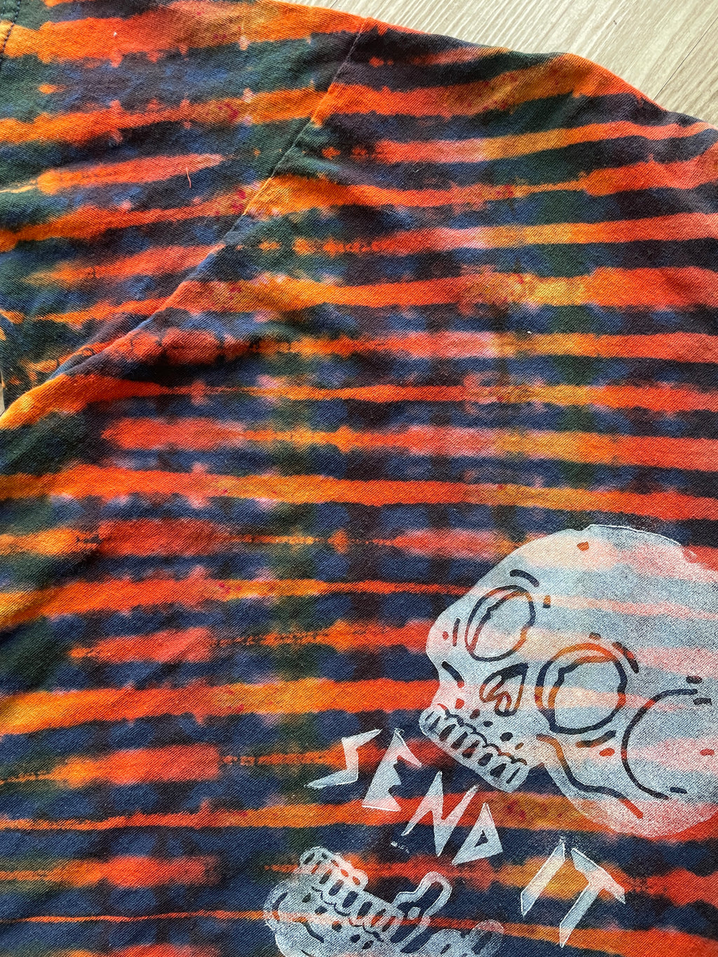 XL Men's Send It Skull Handmade Reverse Tie Dye Short Sleeve T-Shirt | One-Of-a-Kind Upcycled Navy Blue and Orange Graphic Tee