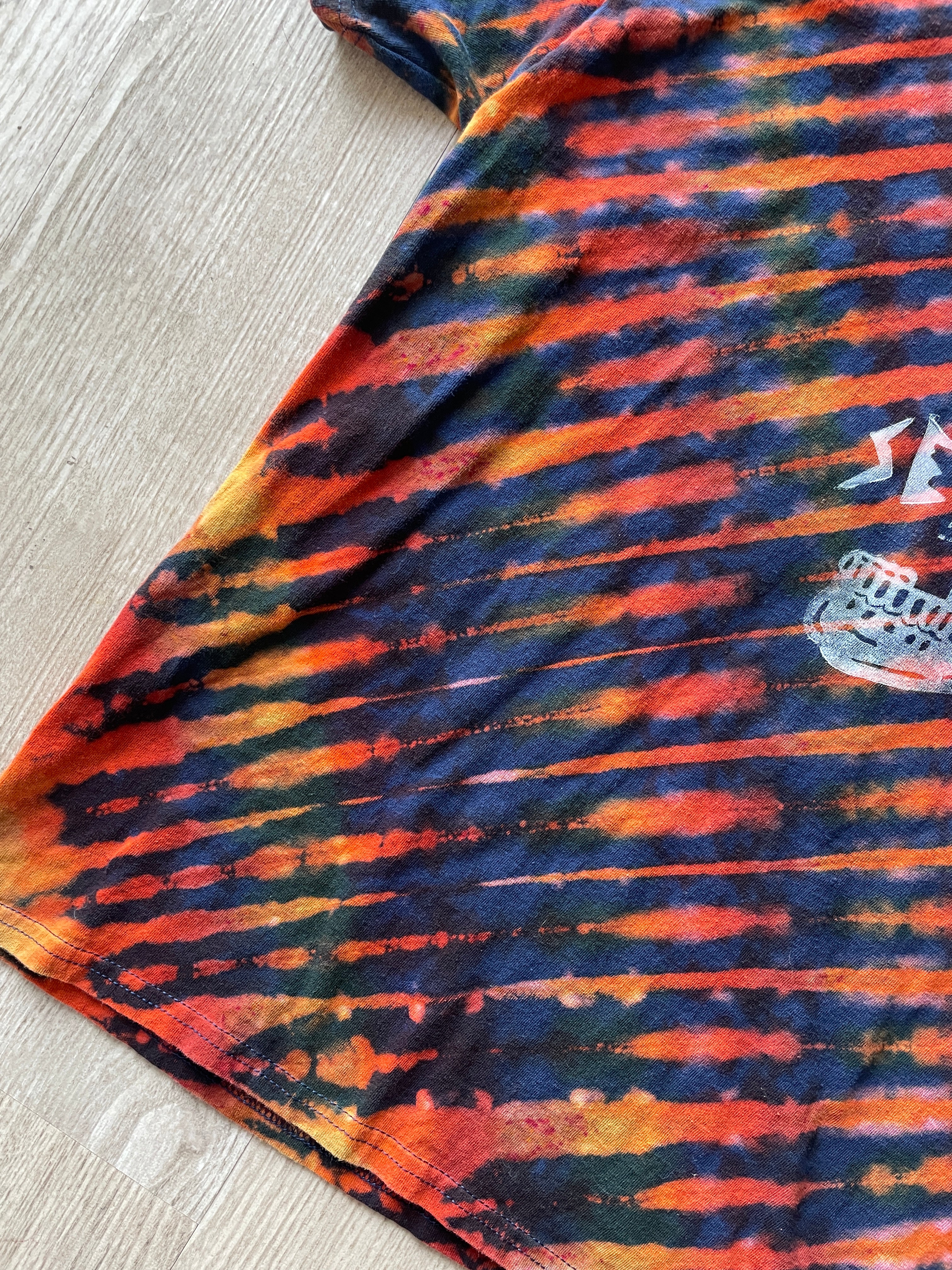 XL Men's Send It Skull Handmade Reverse Tie Dye Short Sleeve T-Shirt | One-Of-a-Kind Upcycled Navy Blue and Orange Graphic Tee