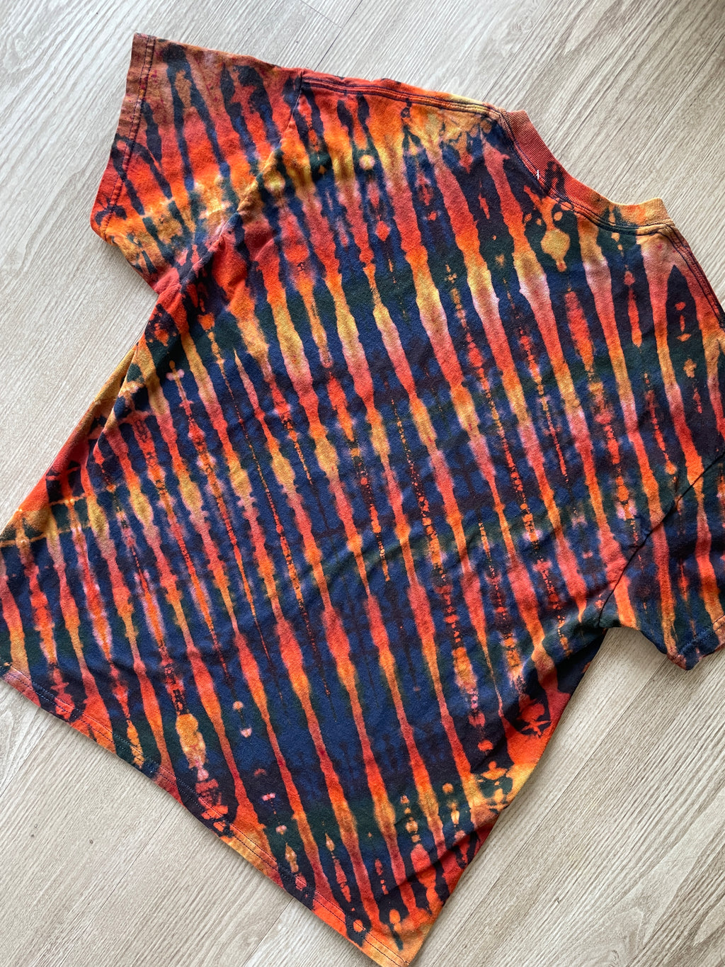 XL Men's Send It Skull Handmade Reverse Tie Dye Short Sleeve T-Shirt | One-Of-a-Kind Upcycled Navy Blue and Orange Graphic Tee