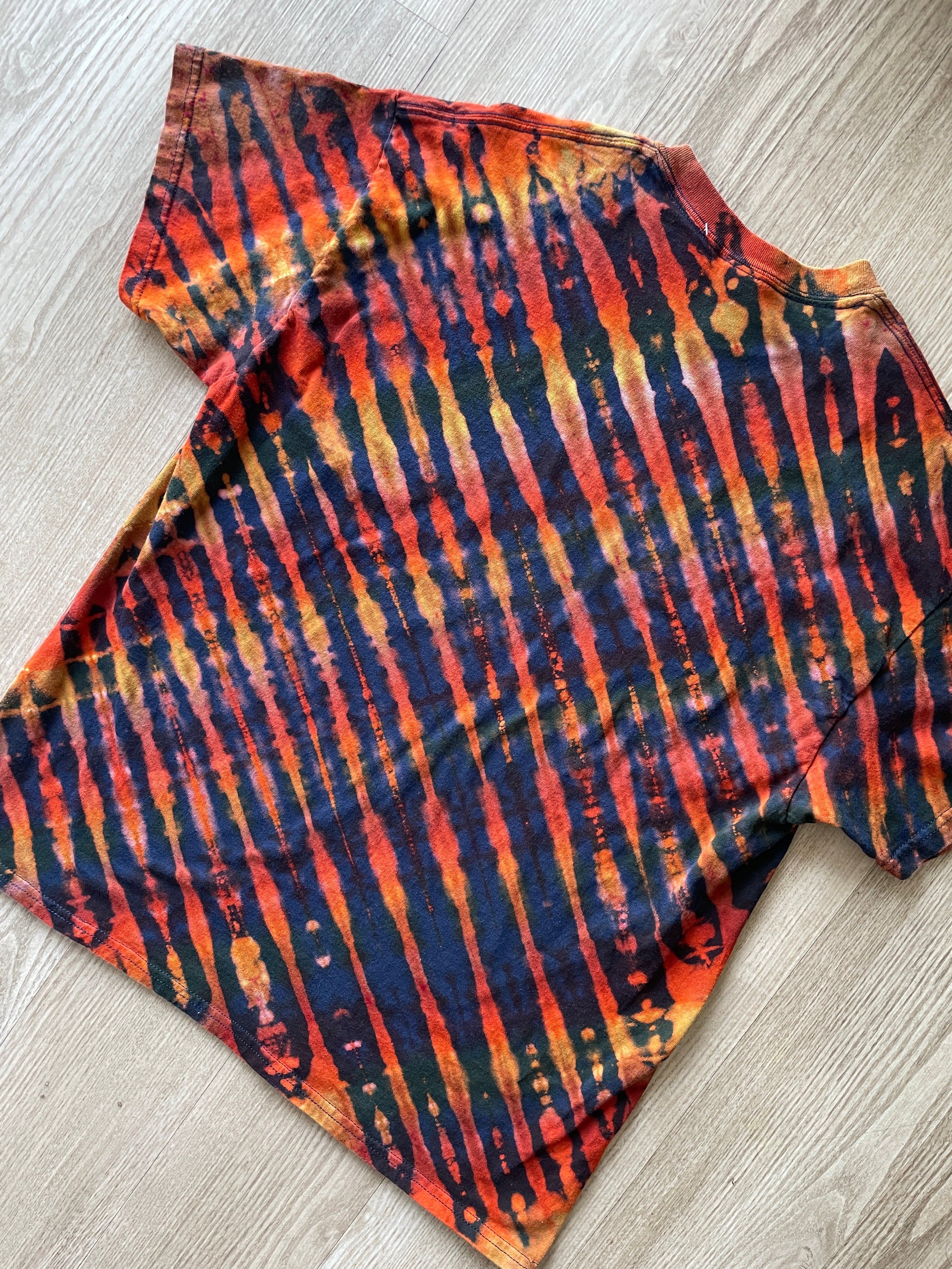 XL Men's Send It Skull Handmade Reverse Tie Dye Short Sleeve T-Shirt | One-Of-a-Kind Upcycled Navy Blue and Orange Graphic Tee