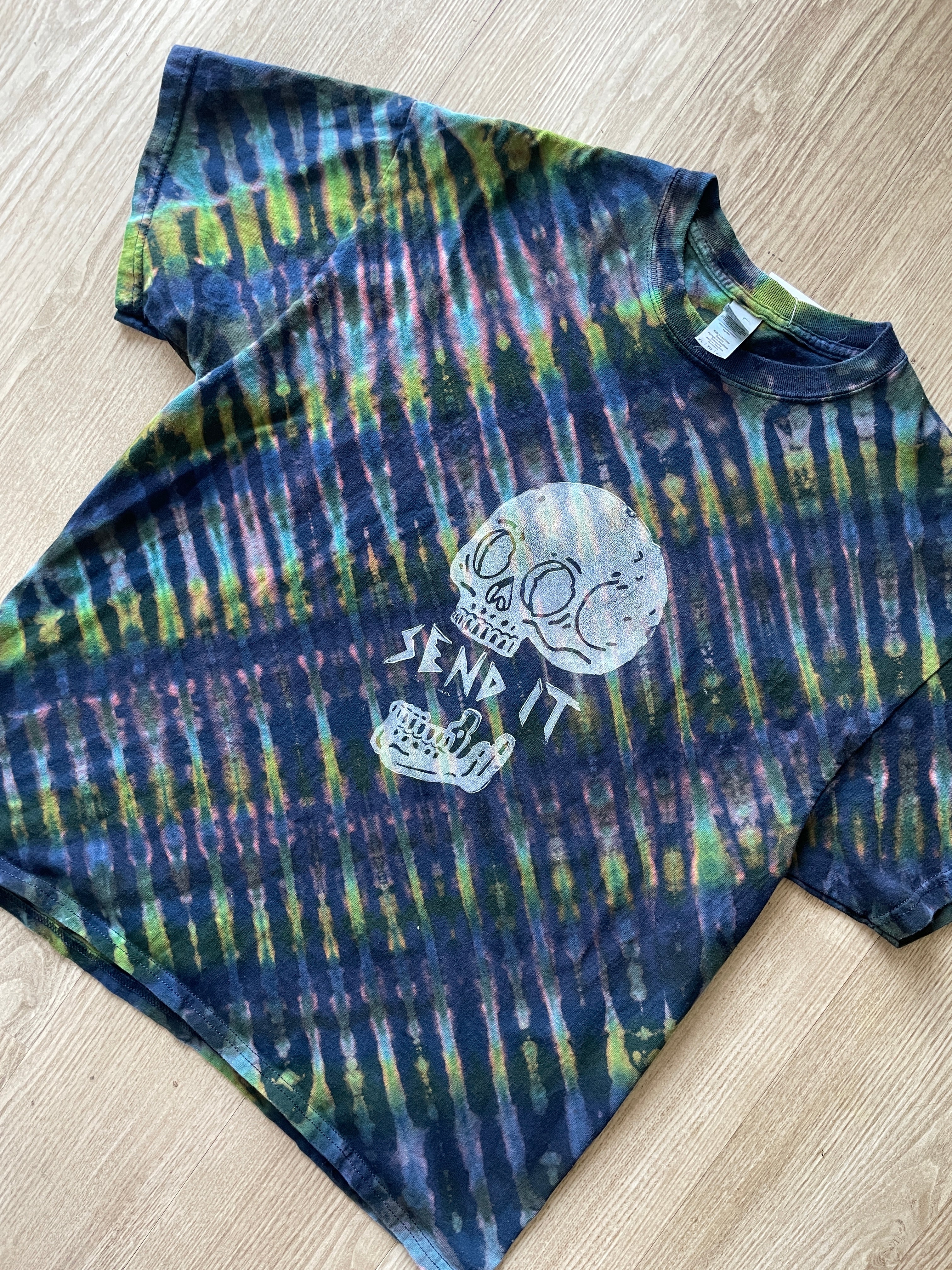 XL Men's Send It Skull Handmade Reverse Tie Dye Short Sleeve T-Shirt | One-Of-a-Kind Upcycled Navy Blue and Green Top