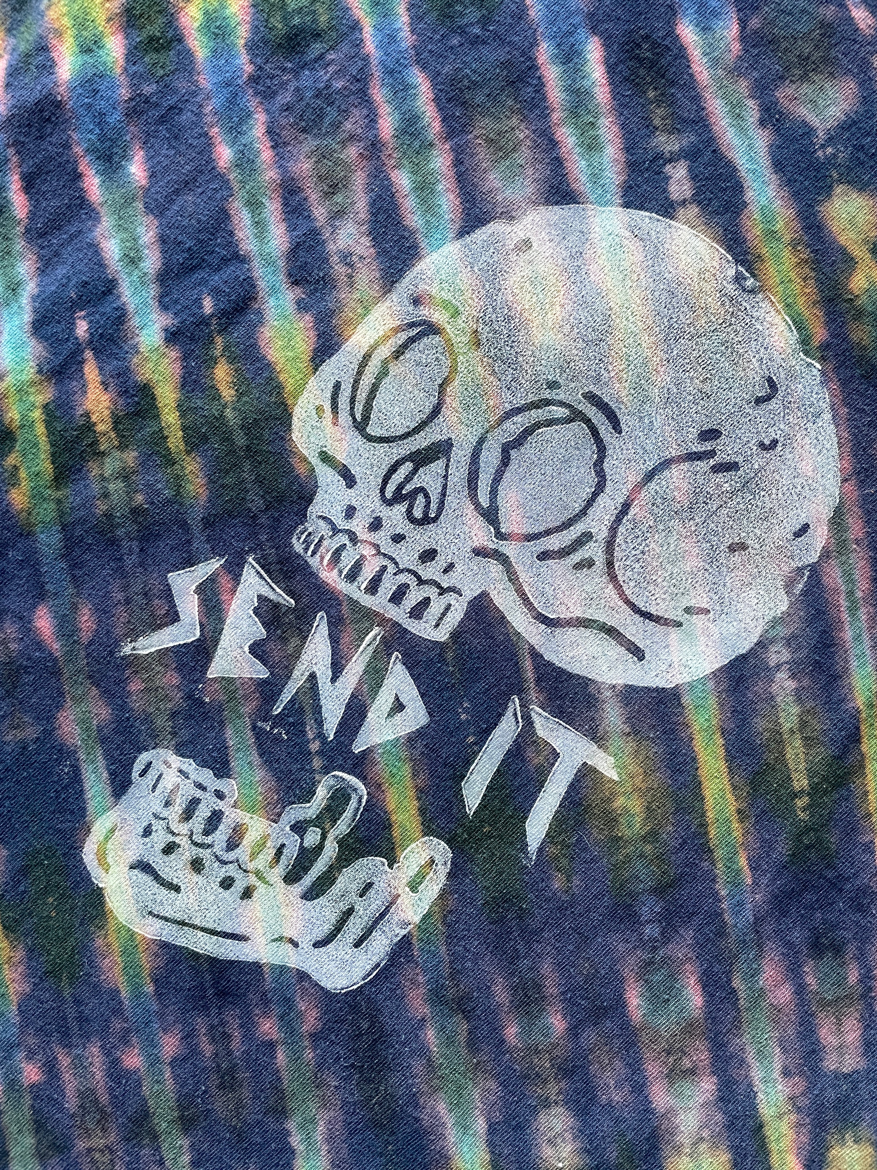 XL Men's Send It Skull Handmade Reverse Tie Dye Short Sleeve T-Shirt | One-Of-a-Kind Upcycled Navy Blue and Green Top