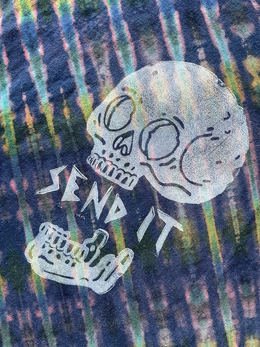 XL Men's Send It Skull Handmade Reverse Tie Dye Short Sleeve T-Shirt | One-Of-a-Kind Upcycled Navy Blue and Green Top