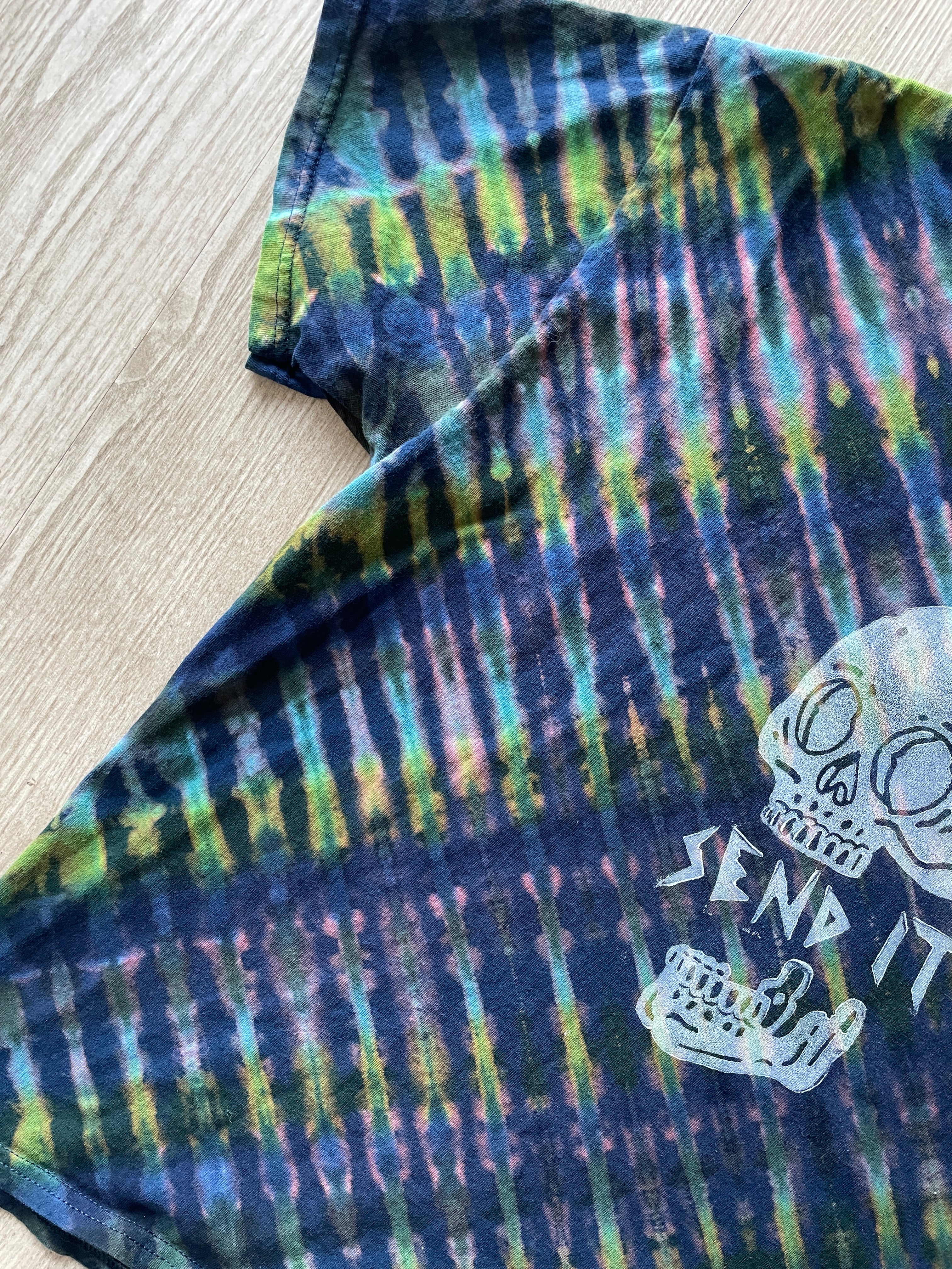 XL Men's Send It Skull Handmade Reverse Tie Dye Short Sleeve T-Shirt | One-Of-a-Kind Upcycled Navy Blue and Green Top