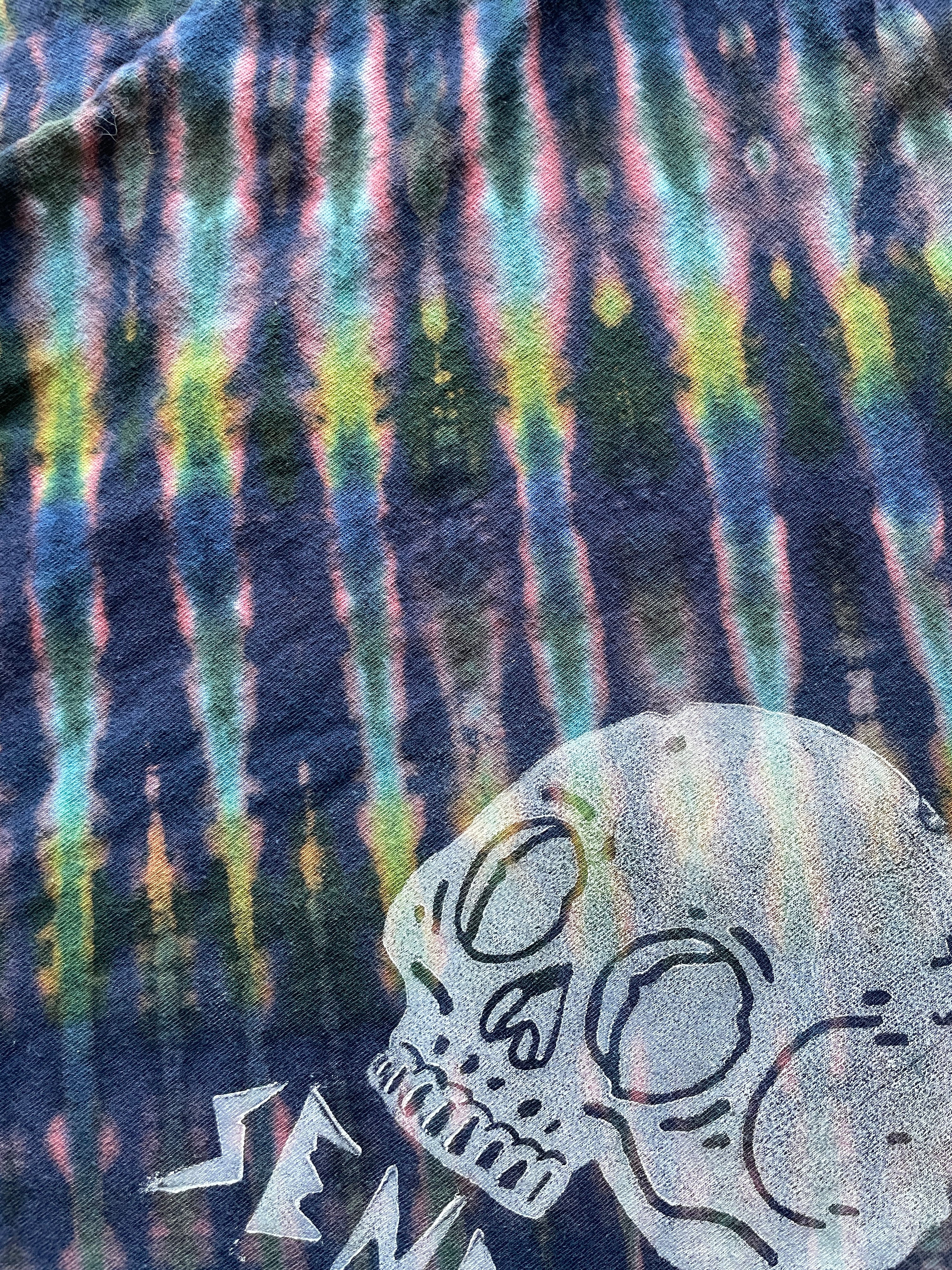 XL Men's Send It Skull Handmade Reverse Tie Dye Short Sleeve T-Shirt | One-Of-a-Kind Upcycled Navy Blue and Green Top