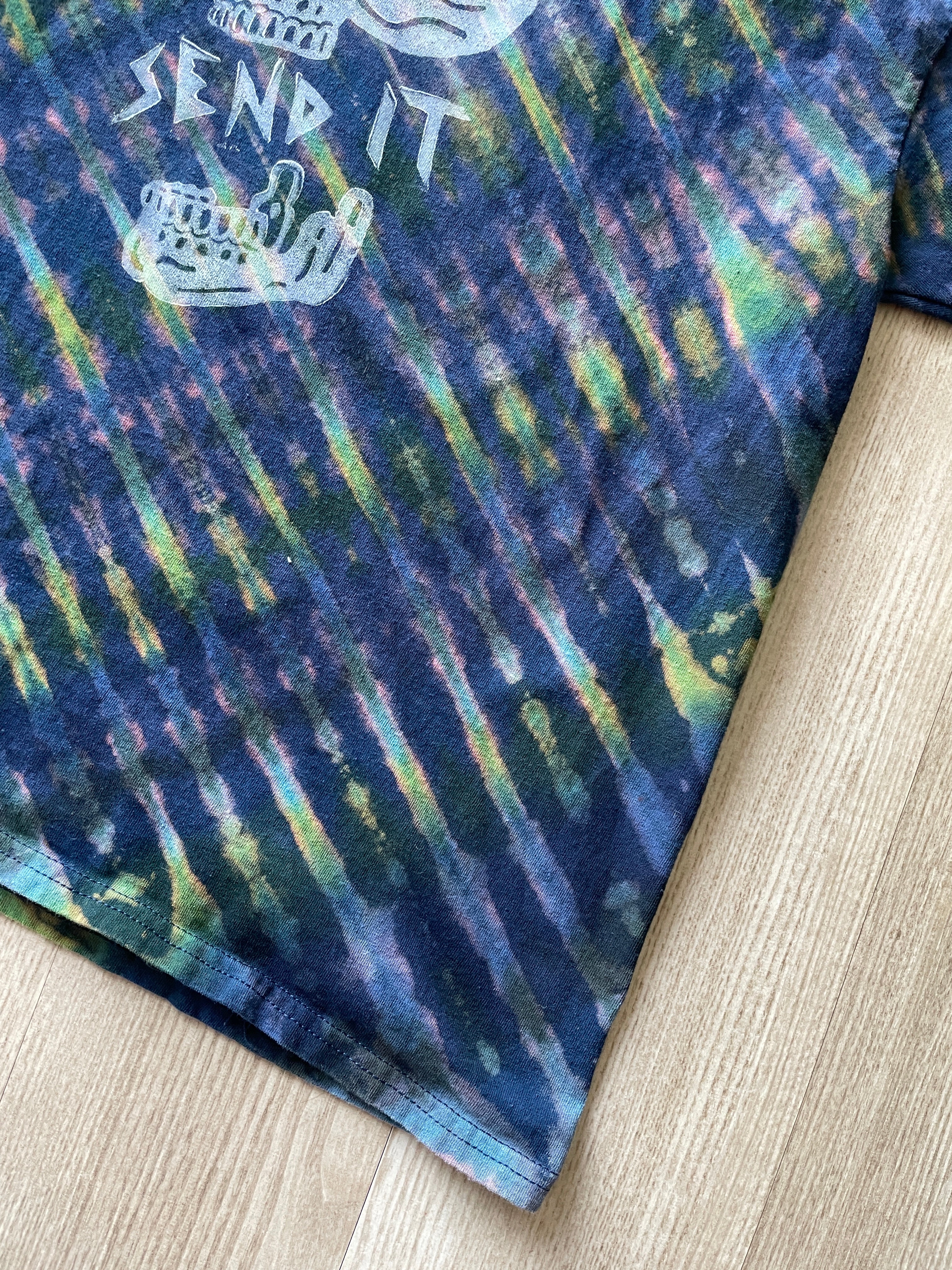XL Men's Send It Skull Handmade Reverse Tie Dye Short Sleeve T-Shirt | One-Of-a-Kind Upcycled Navy Blue and Green Top