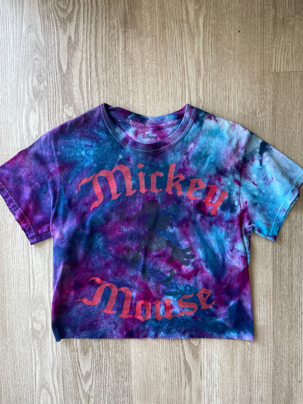 Small Men’s Mickey Mouse Handmade Galaxy Tie Dye Cropped T-Shirt | Blue and Purple Ice Dye Tie Dye Short Sleeve Crop Top