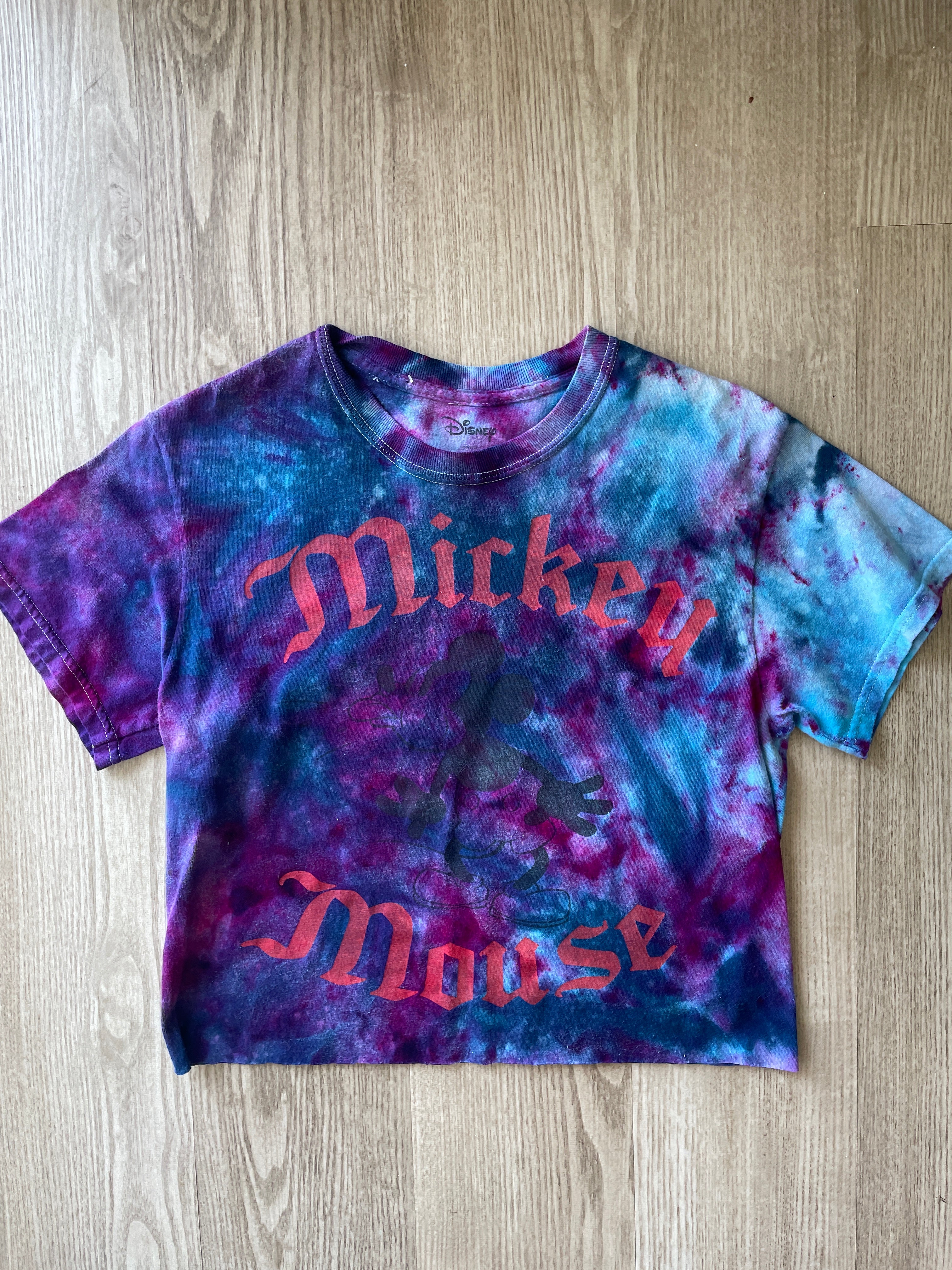 Small Men’s Mickey Mouse Handmade Galaxy Tie Dye Cropped T-Shirt | Blue and Purple Ice Dye Tie Dye Short Sleeve Crop Top