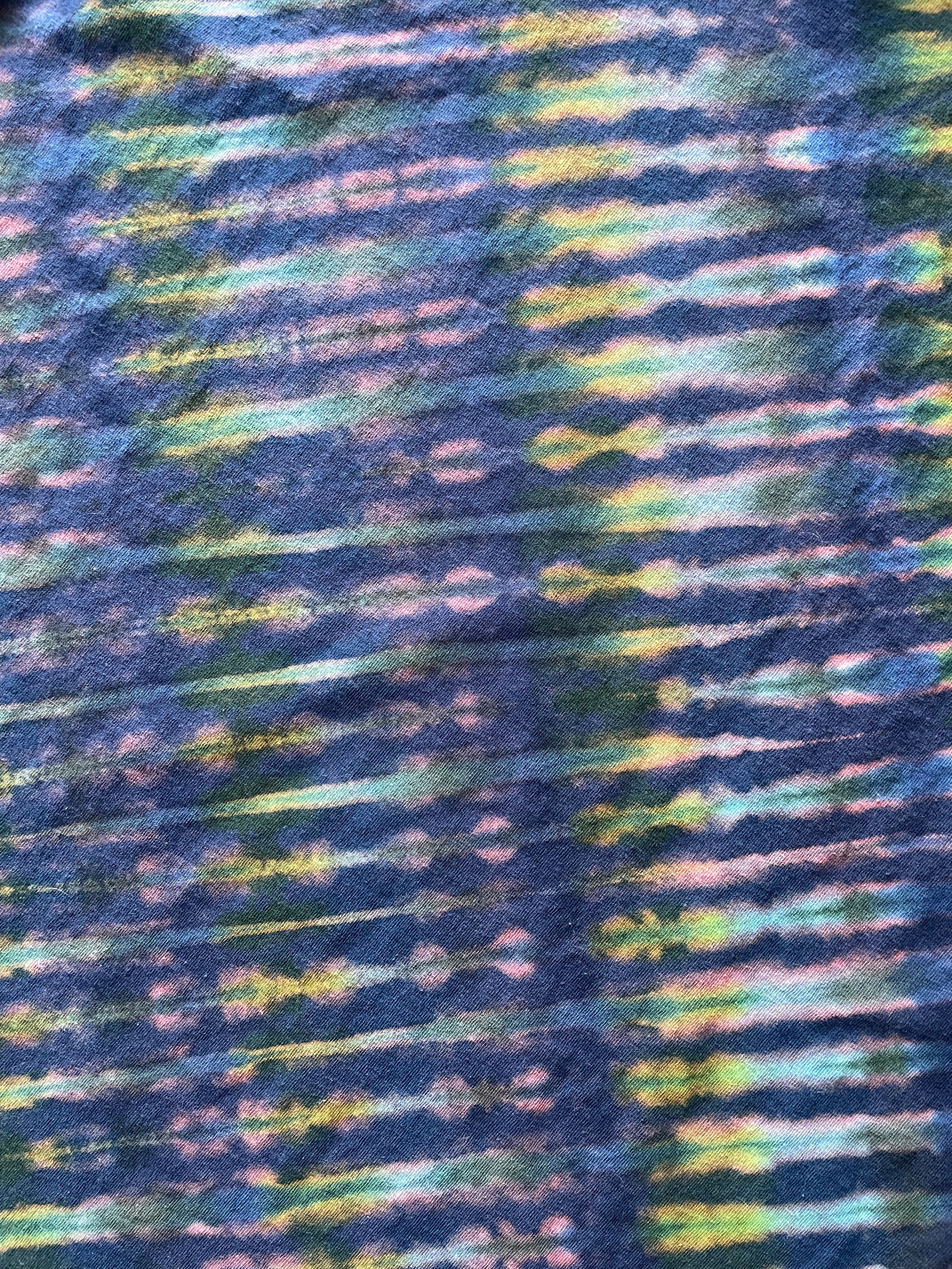 XL Men's Send It Skull Handmade Reverse Tie Dye Short Sleeve T-Shirt | One-Of-a-Kind Upcycled Navy Blue and Green Top