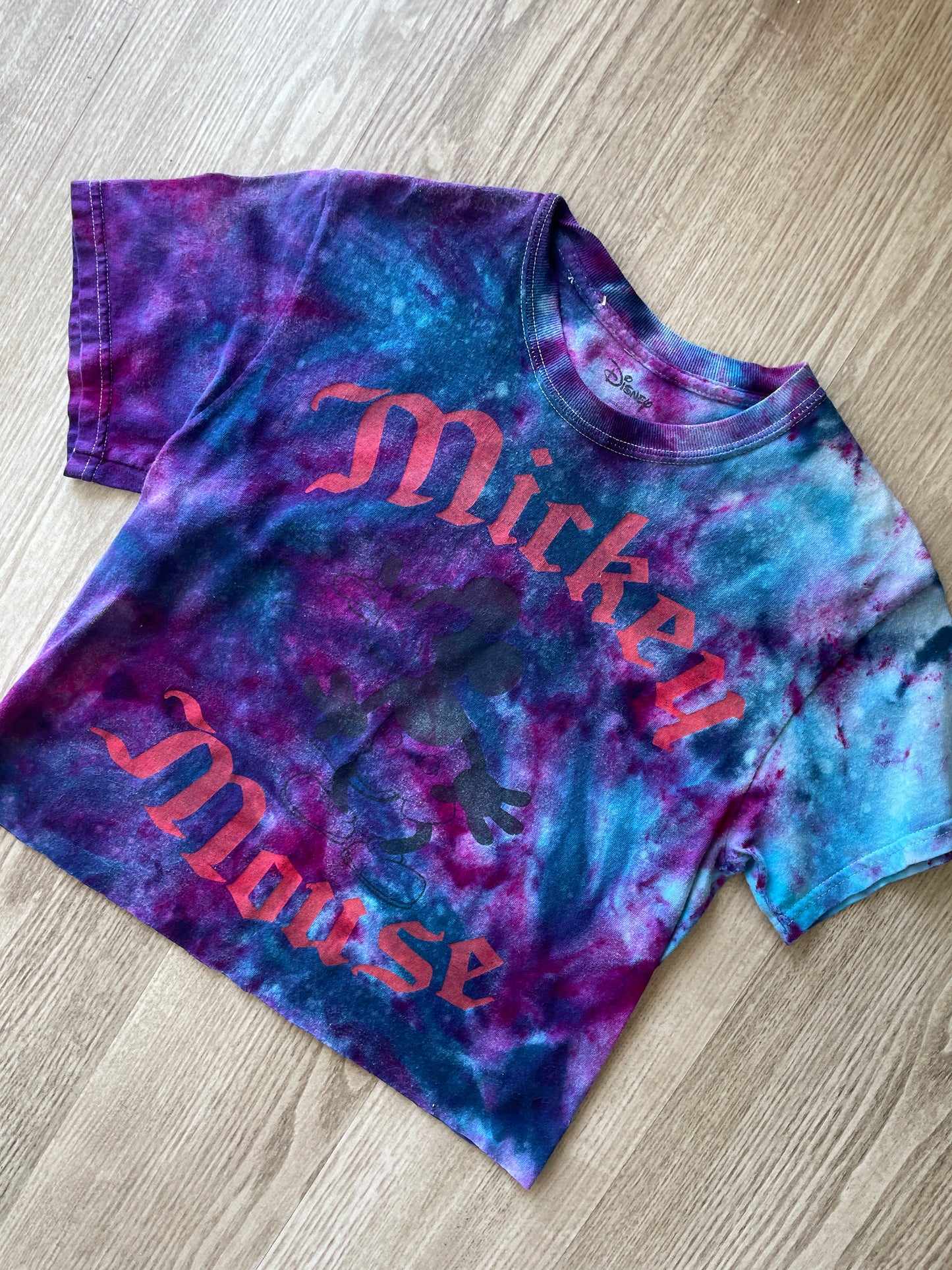 Small Men’s Mickey Mouse Handmade Galaxy Tie Dye Cropped T-Shirt | Blue and Purple Ice Dye Tie Dye Short Sleeve Crop Top