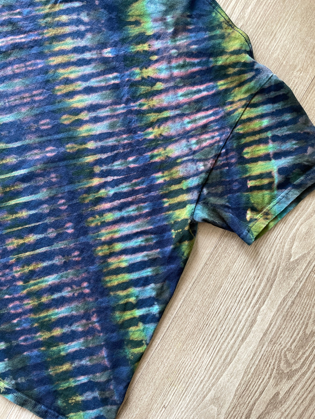 XL Men's Send It Skull Handmade Reverse Tie Dye Short Sleeve T-Shirt | One-Of-a-Kind Upcycled Navy Blue and Green Top