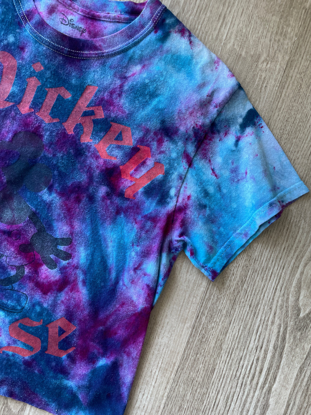 Small Men’s Mickey Mouse Handmade Galaxy Tie Dye Cropped T-Shirt | Blue and Purple Ice Dye Tie Dye Short Sleeve Crop Top