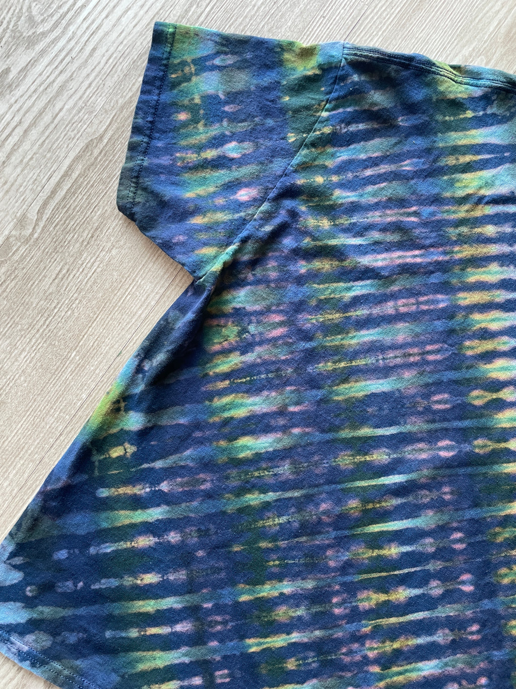 XL Men's Send It Skull Handmade Reverse Tie Dye Short Sleeve T-Shirt | One-Of-a-Kind Upcycled Navy Blue and Green Top