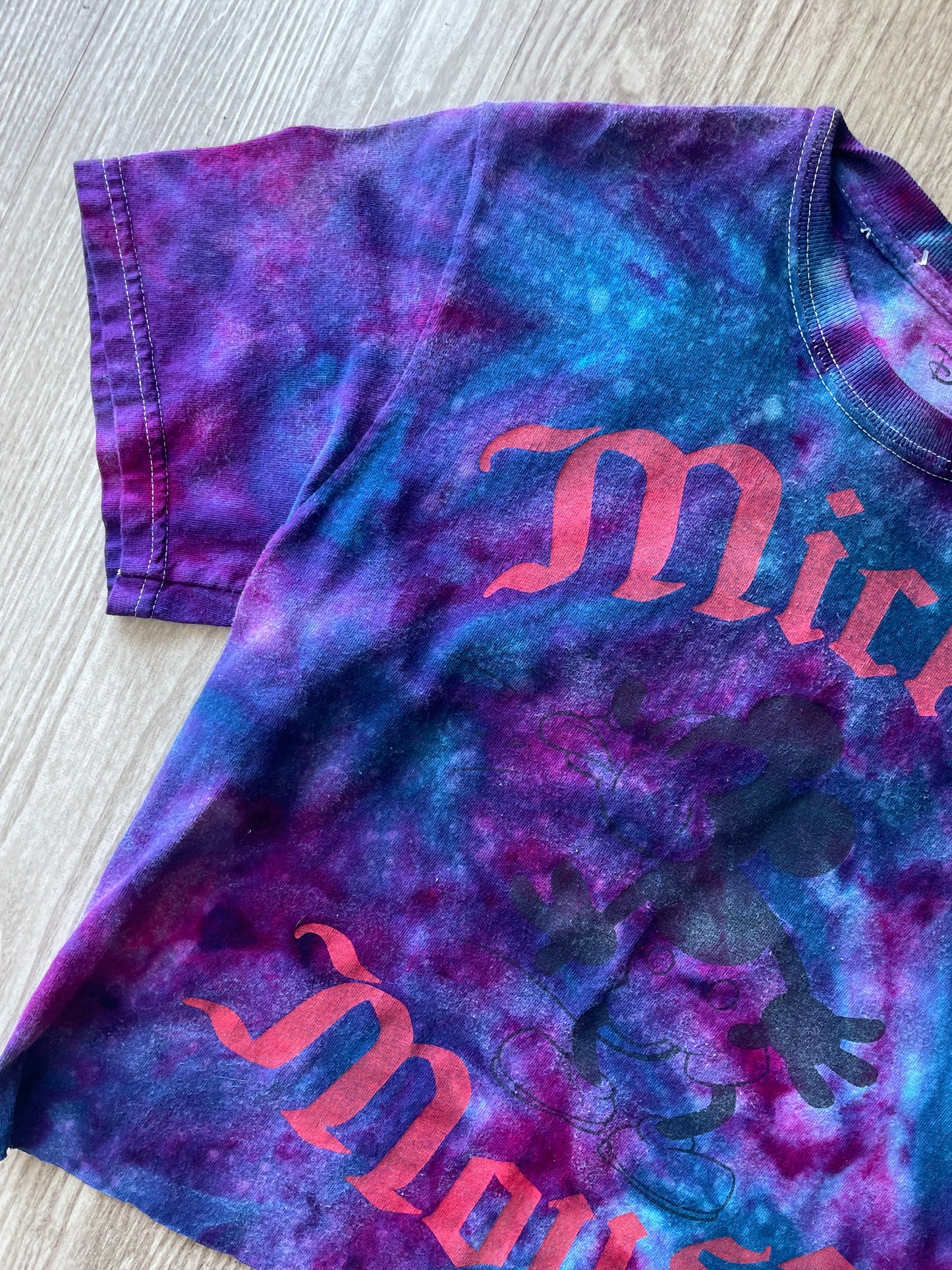 Small Men’s Mickey Mouse Handmade Galaxy Tie Dye Cropped T-Shirt | Blue and Purple Ice Dye Tie Dye Short Sleeve Crop Top