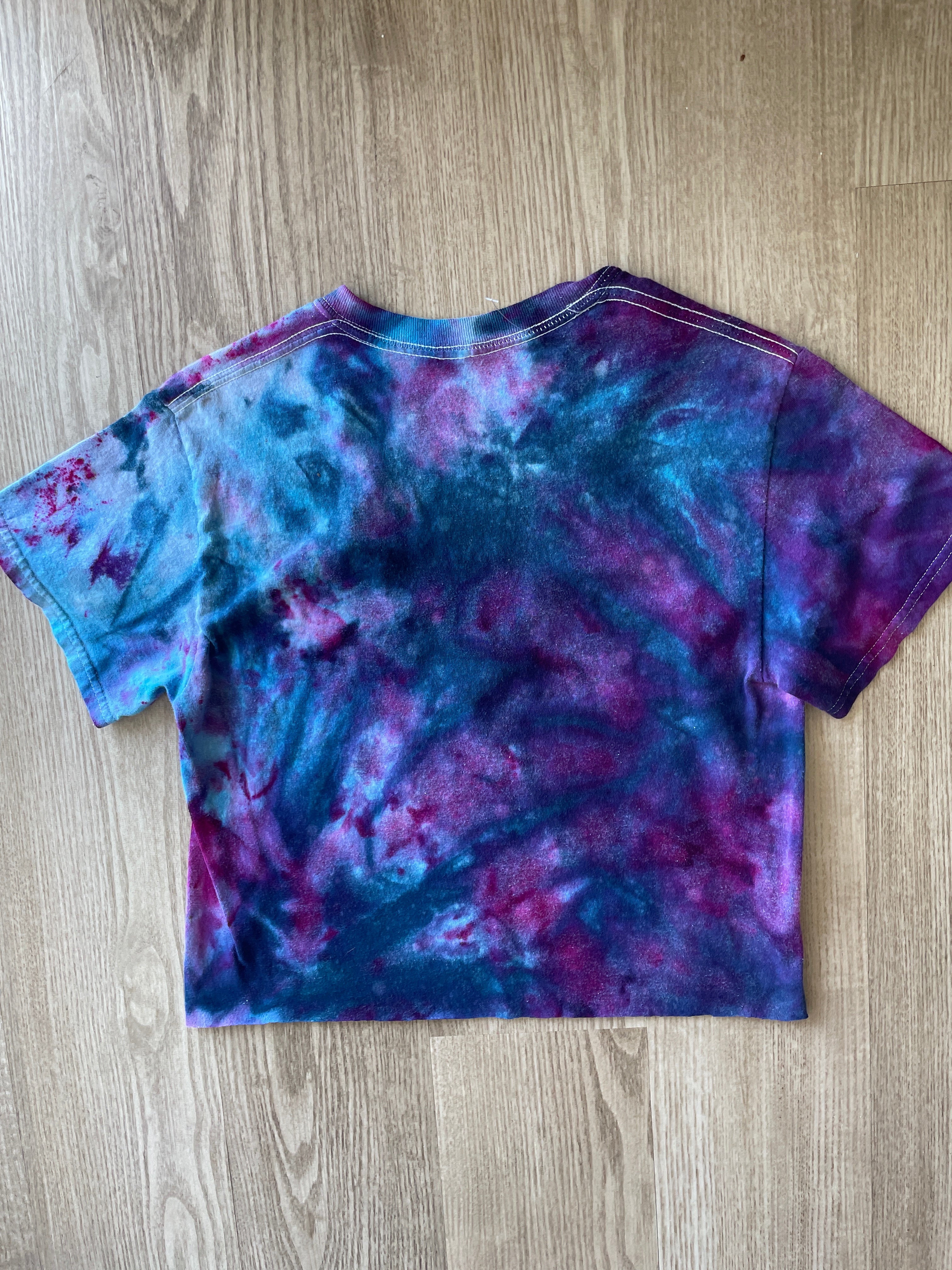 Small Men’s Mickey Mouse Handmade Galaxy Tie Dye Cropped T-Shirt | Blue and Purple Ice Dye Tie Dye Short Sleeve Crop Top