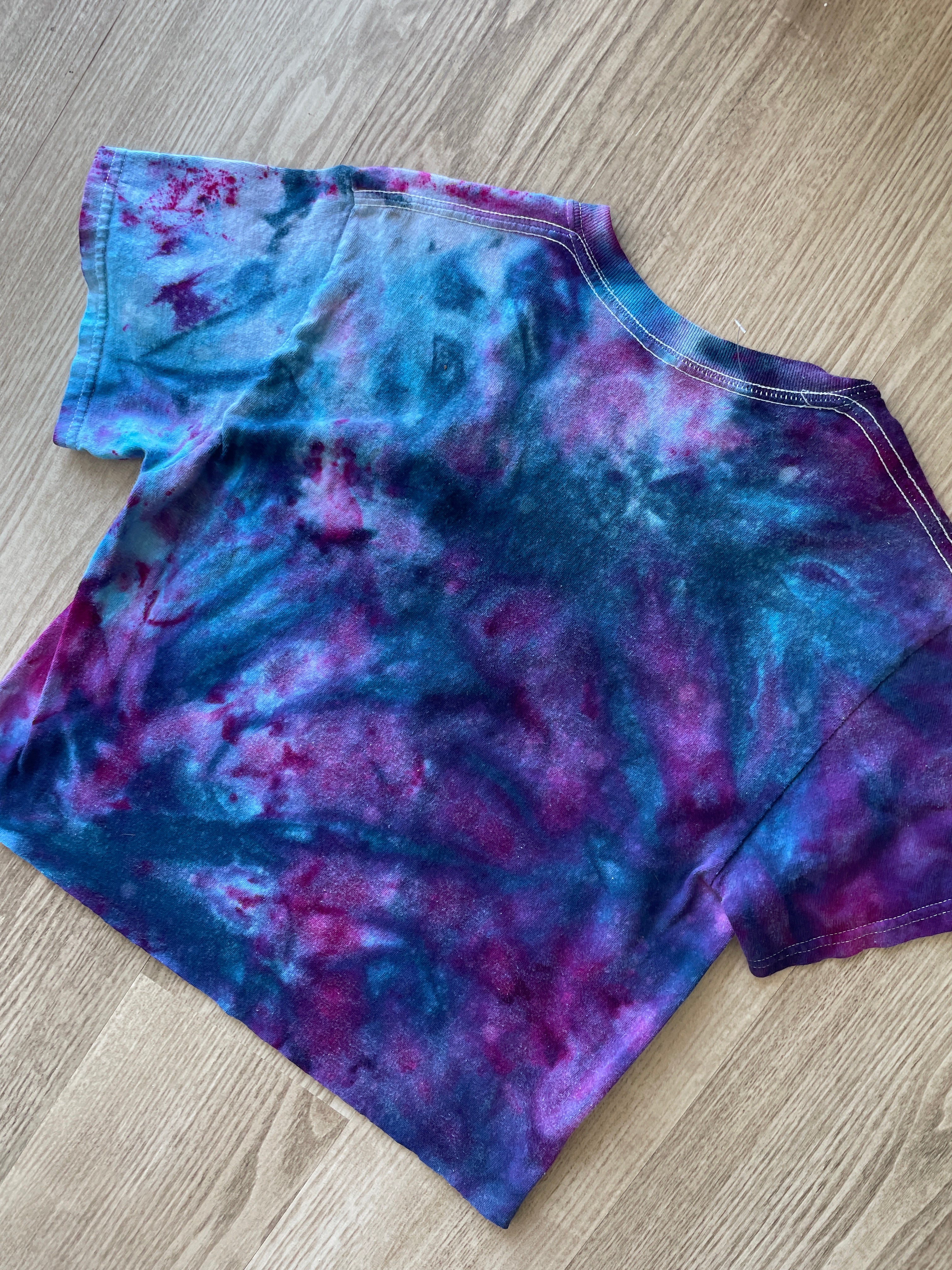 Small Men’s Mickey Mouse Handmade Galaxy Tie Dye Cropped T-Shirt | Blue and Purple Ice Dye Tie Dye Short Sleeve Crop Top